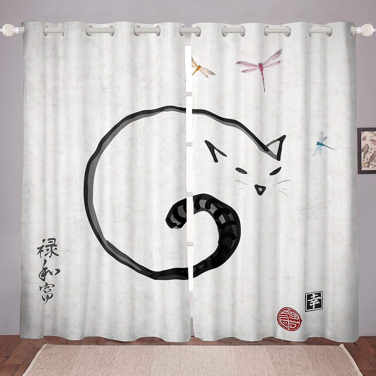 Erosebridal Japanese Style Cat & Dragonfly Window Curtains - 84x90 Inch Thermal Blackout Drapes for Kitchen, Cafe & Home Decor - Pet Friendly Traditional Design in White | Perfect for Bedroom, Living Room & Office Privacy