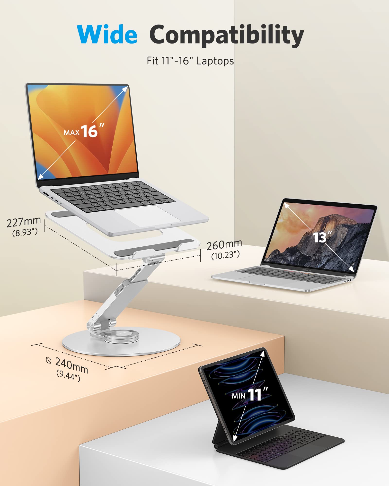 OMOTON 360°旋转升降铝合金折叠笔记本支架 - 适合16英寸以下MacBook及所有笔记本电脑，办公协作、家庭娱乐、远程学习多场景适用