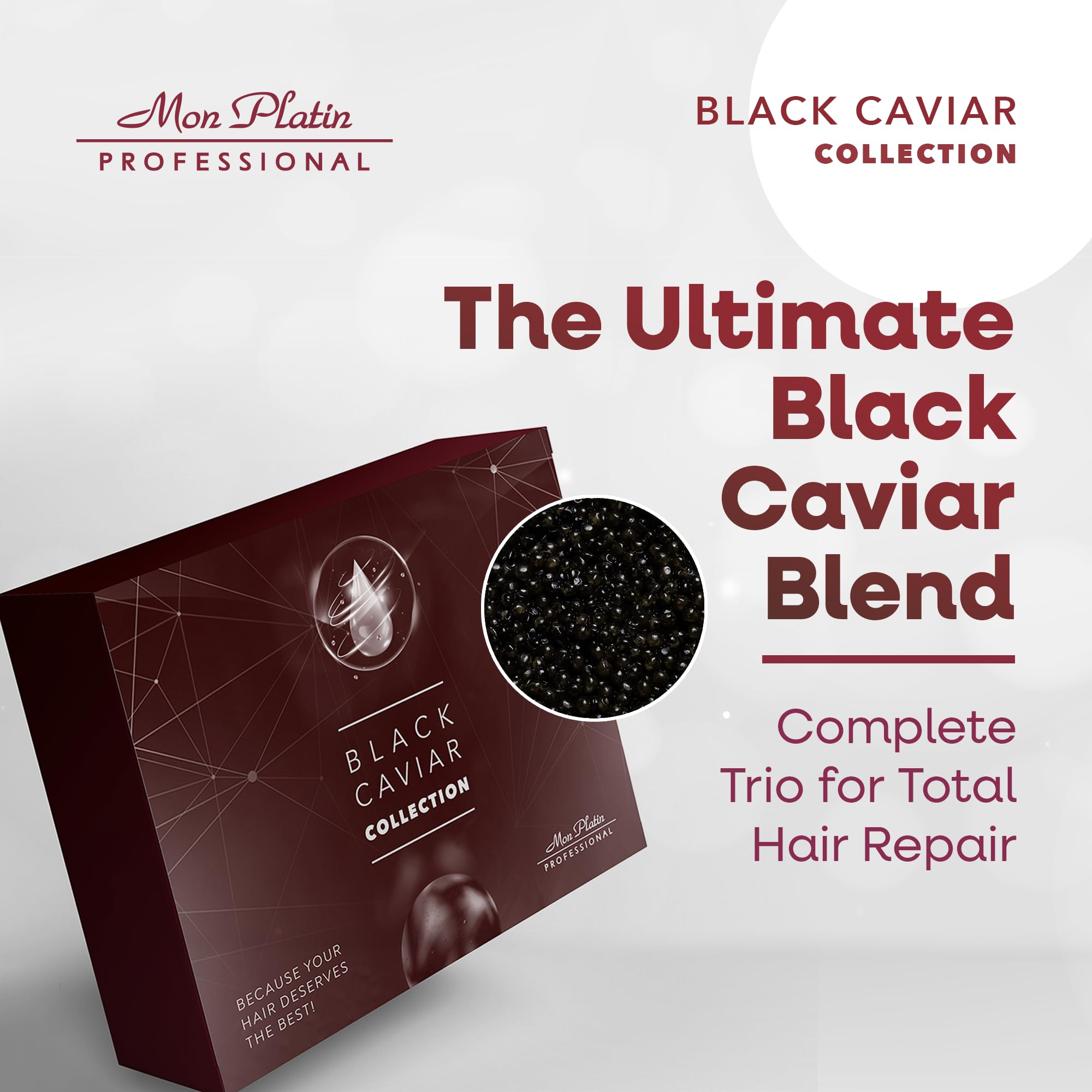 Mon Platin Total Repair Hair Mask, Shampoo & Serum Set - Salt-Free Deep Conditioning Treatment with Black Caviar & Royal Jelly for Smooth, Strong, Shiny Straight Hair | Professional Salon-Quality Hair Care for Damaged & Frizzy Hair at Home