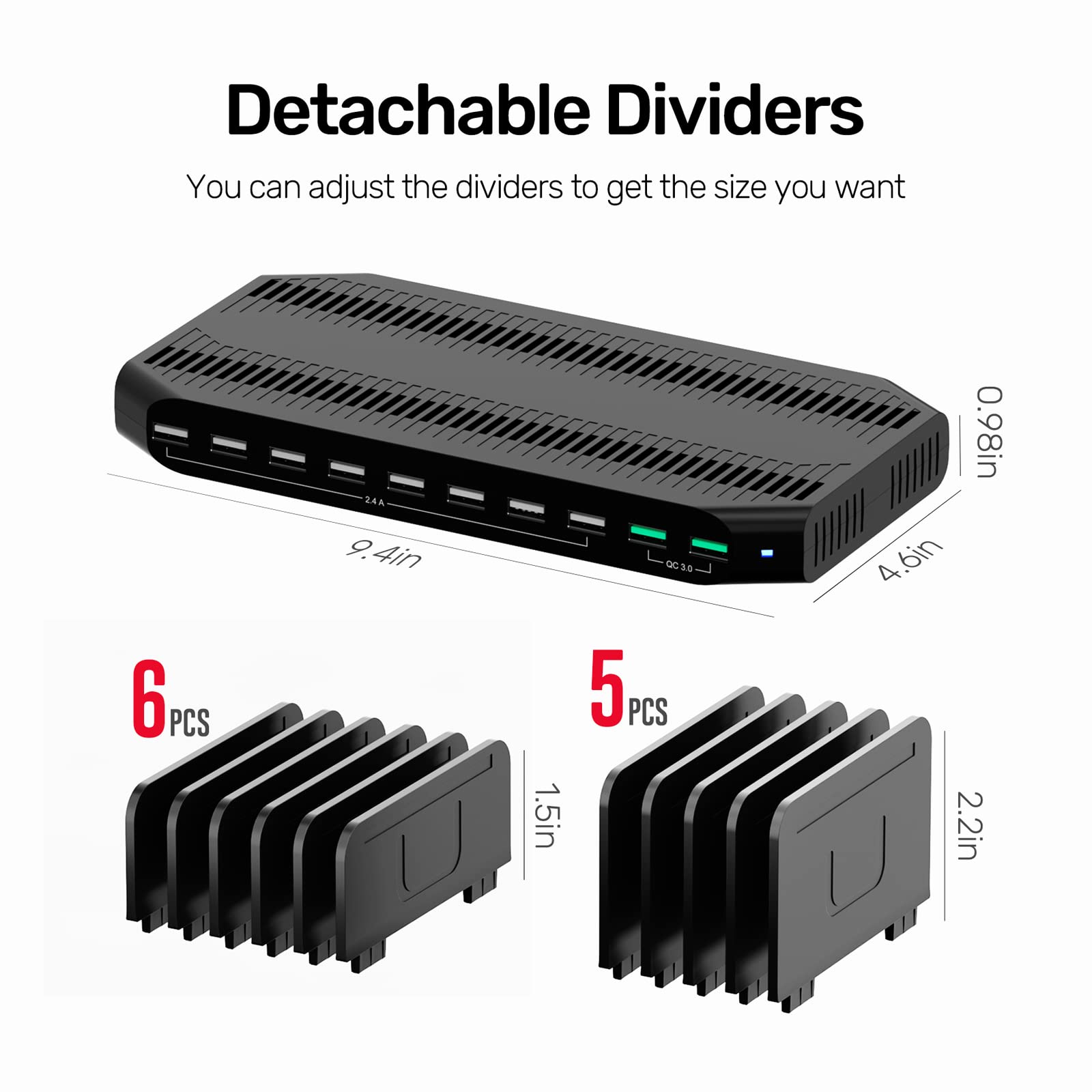 Unitek 6-Port USB Charging Station with Quick Charge 3.0 | Multi-Device Charger Dock for iPhone, Android, iPad, Tablet | Space-Saving Charger Organizer Stand with Dividers | Perfect for Home, Office & Travel Use