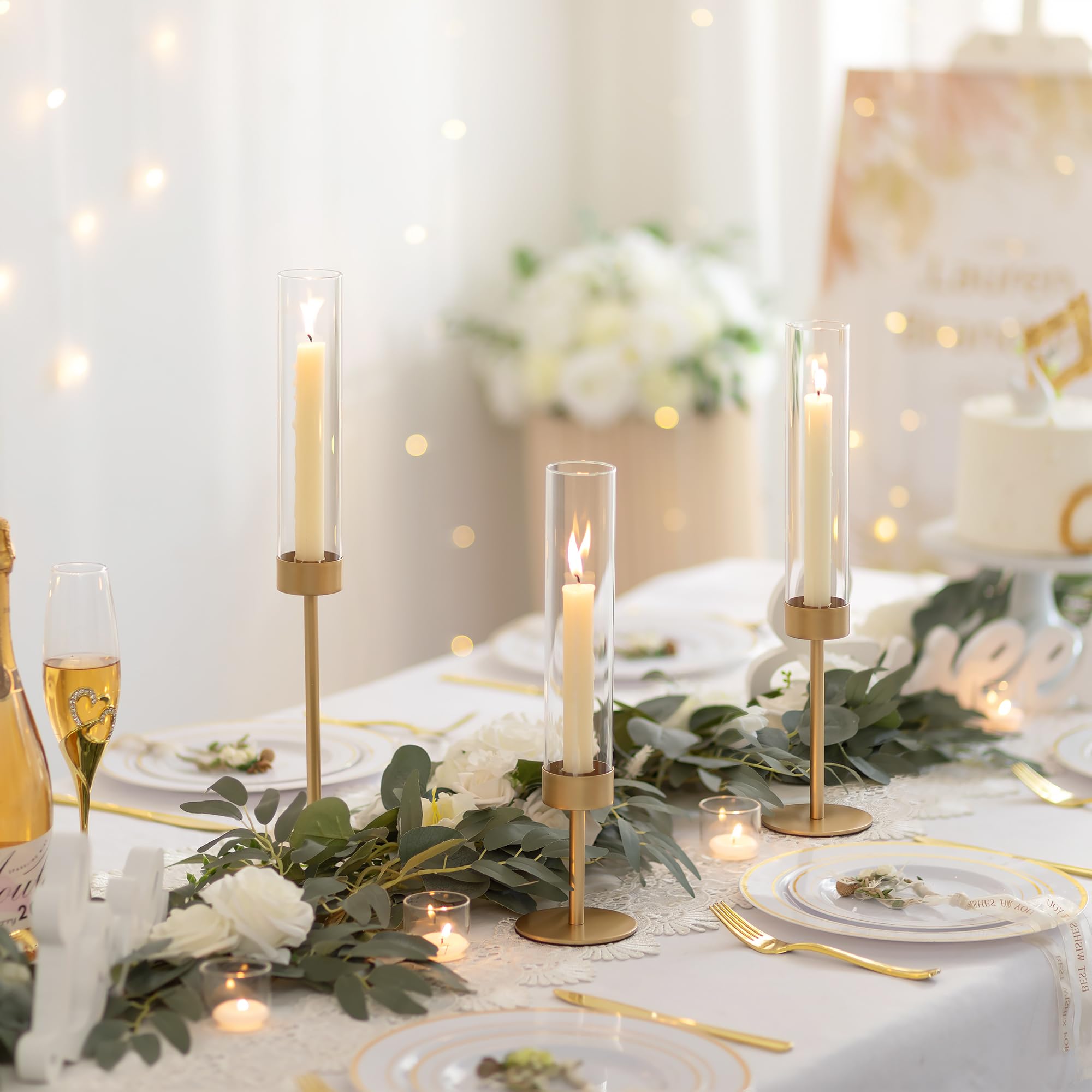 18-Piece Gold Glass Hurricane Candle Holders - Tall Clear Cylinder Taper Candle Holders Bulk Set for Wedding Centerpiece, Party Decor, Christmas & Home Decoration - Perfect for Dining Table, Fireplace Mantel, and Holiday Displays
