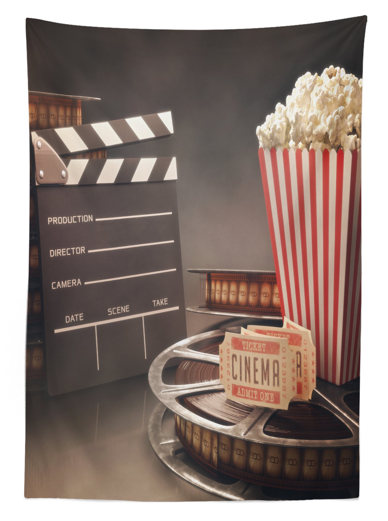 Ambesonne Vintage Movie Theater Tablecloth - Washable Outdoor Picnic Table Cover 58x120 Inches, White & Yellow - Perfect for Cinema Themed Parties, Backyard BBQs, and Film Enthusiast Gatherings