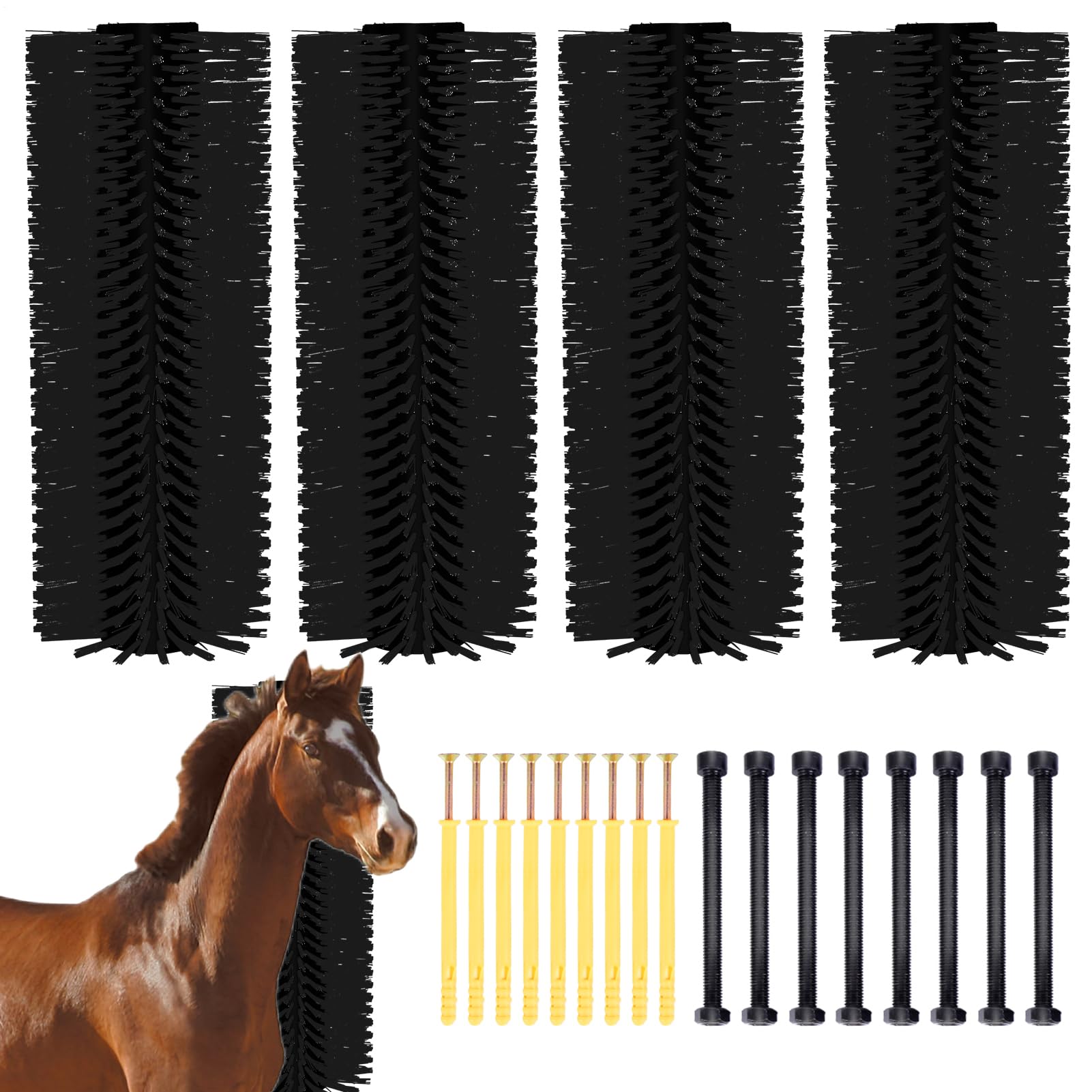 4PCS Livestock Scratching Brush Set - 20.1x7.9 Inch Horse Grooming Brushes for Cows, Sheep, Pigs with 16 Screws - Durable Animal Care Supplies for Barn, Stable & Farm Use - Black