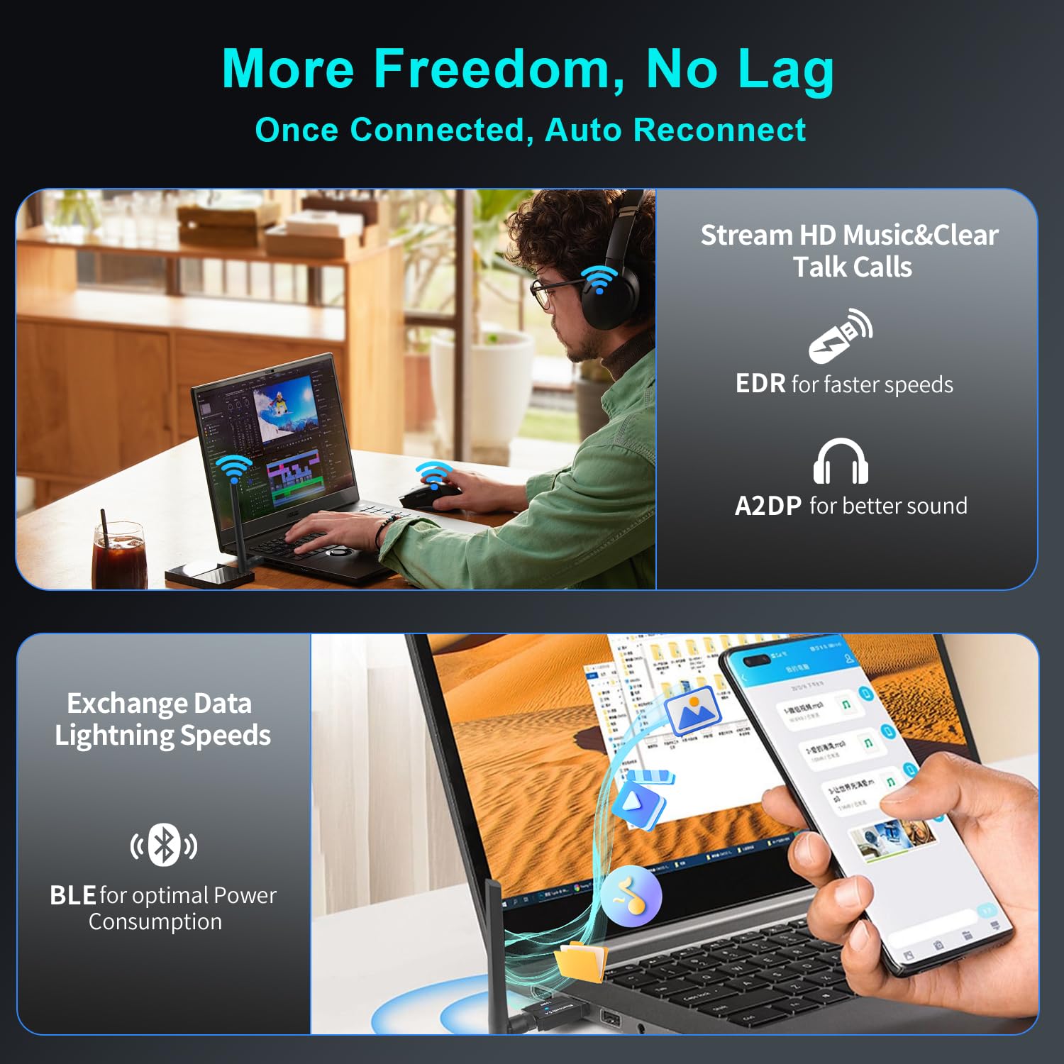 Long Range Bluetooth 5.4 Adapter for PC & Laptop - Wireless USB Dongle with 5dBi Antenna - Compatible with Windows 11/10/8.1/7 - Plug & Play for Headphones, Speakers, Mouse, Keyboard & Printer - Perfect for Home Office, Gaming & Wireless Audio Streaming