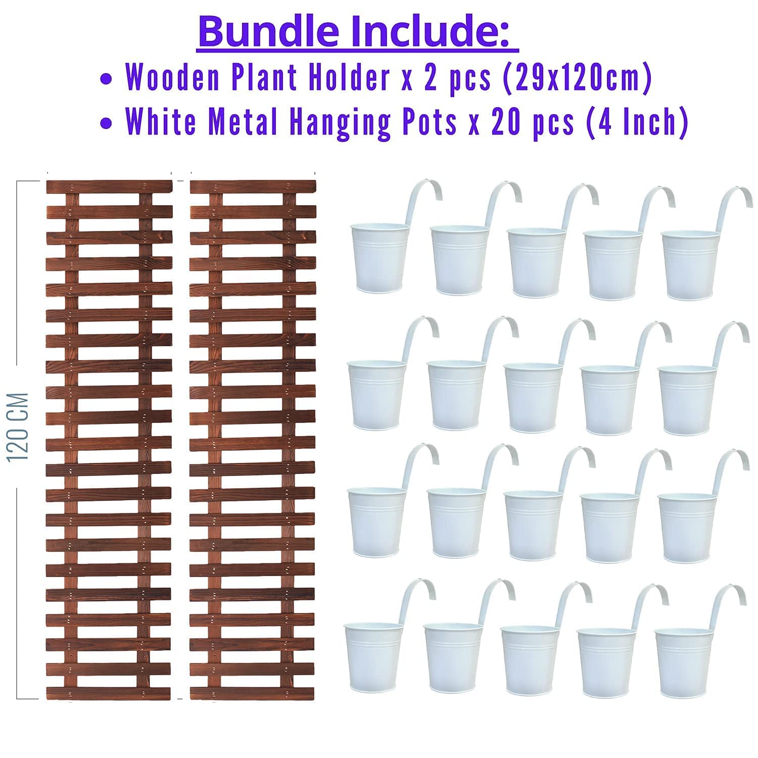 20 Pack 4 Inch Metal Flower Pots + 2 Pack Wooden Plant Holders - Vertical Garden Planter System for Indoor/Outdoor Wall Decor - Perfect for Living Walls, Balcony Gardens & Home Plant Decorations