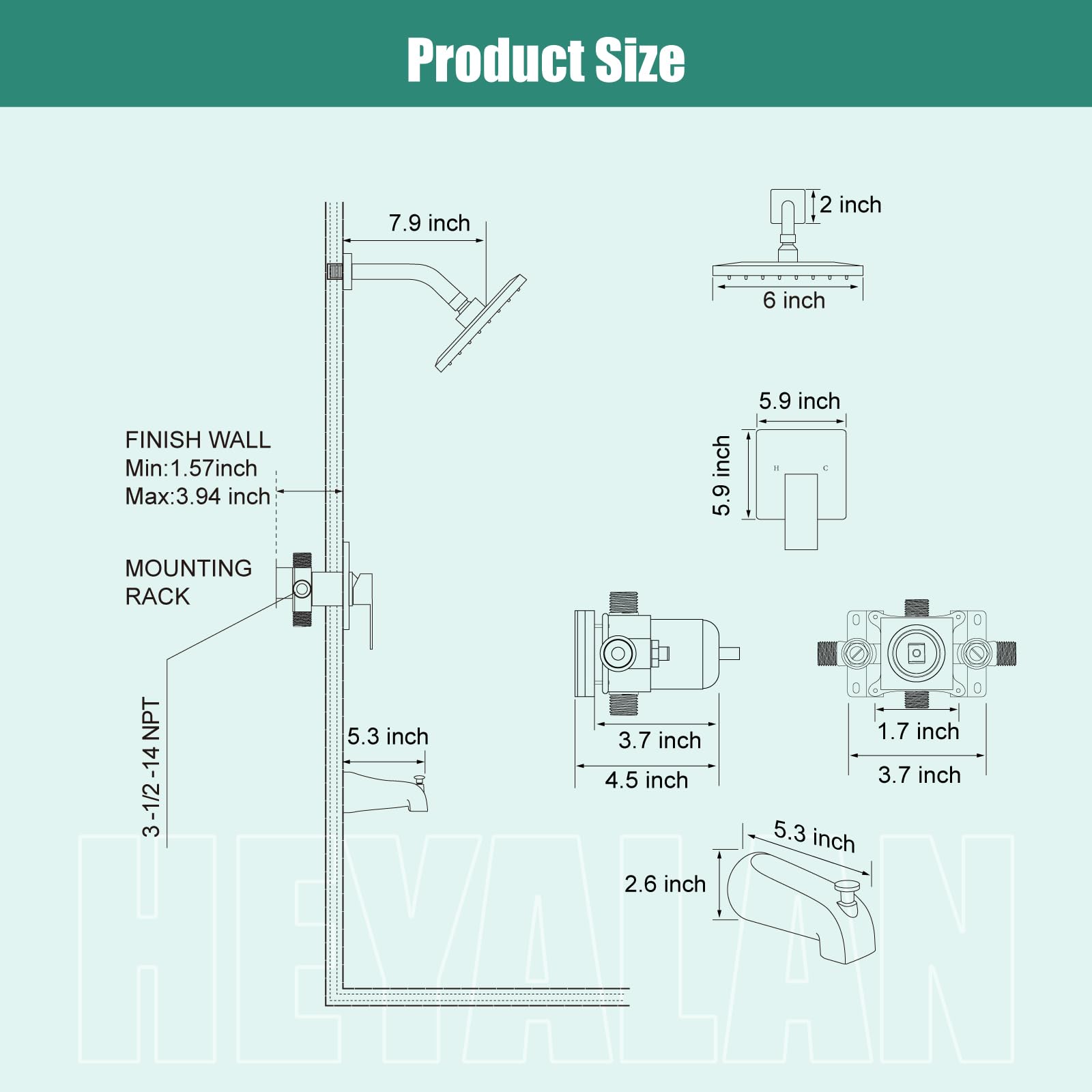 6 Inch Square Matte Black Bathtub Shower Faucet Set with Pressure Balance Valve - Single Handle Shower System Kit Including Showerhead, Handle & Tub Spout for Bathroom Renovation & Modern Home Upgrade