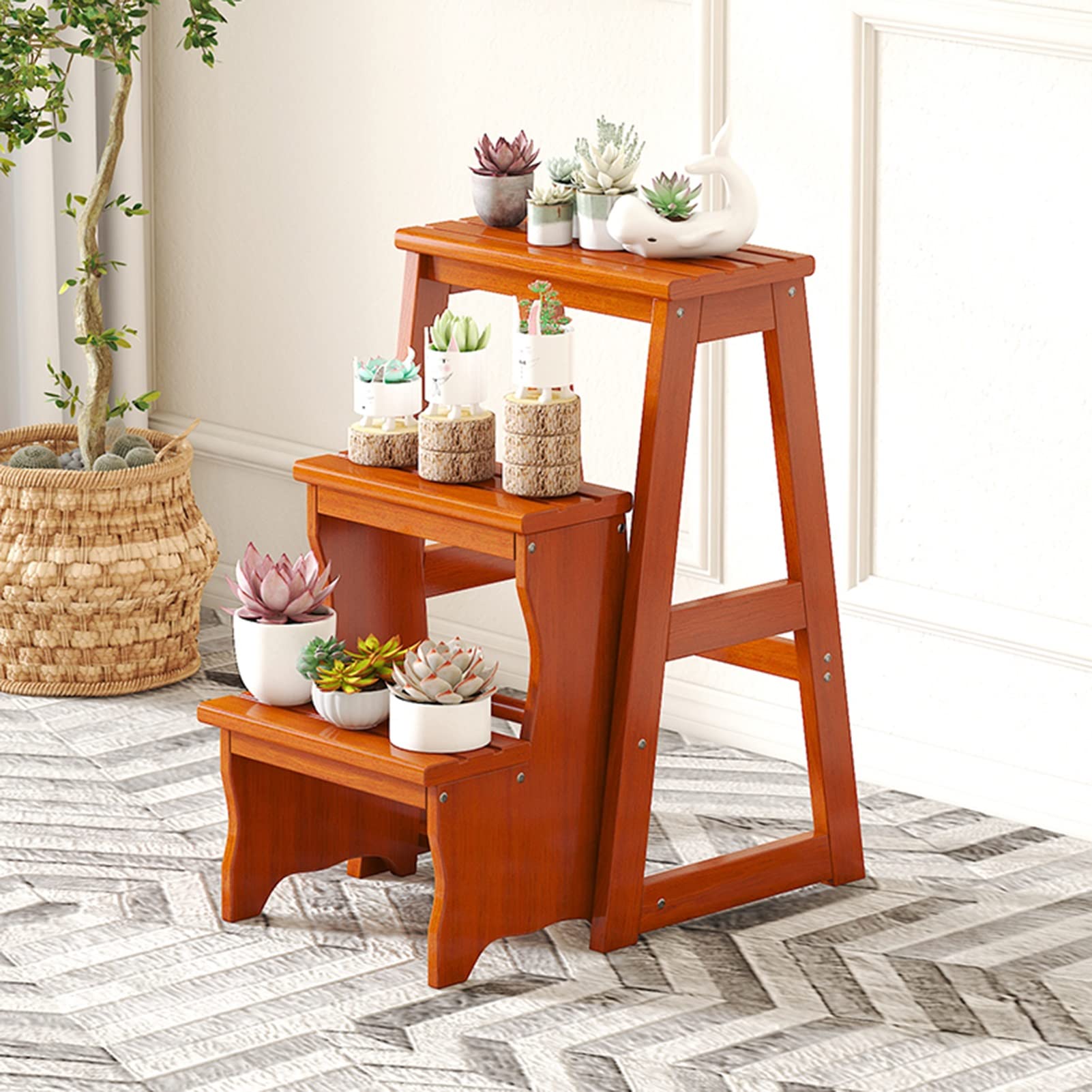 3-Step Foldable Wooden Step Stool for Indoor Use - Non-Slip Safety Ladder Stool, Shoe Bench & Multi-Purpose Chair - Perfect for Kitchen, Bathroom, Closet & Kids' Room