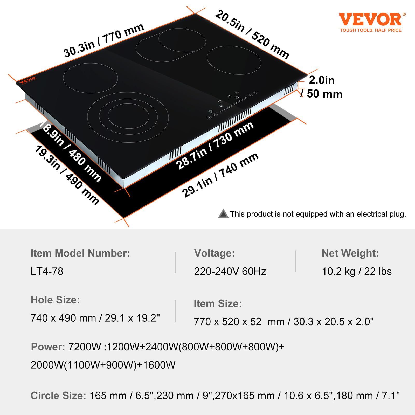 VEVOR 30-Inch Built-in Electric Stove Top with 4 Burners - 240V Glass Radiant Cooktop with Sensor Touch Control, Timer & Child Lock - 9 Power Levels for Simmering, Steaming, Slow Cooking & Frying - Perfect for Modern Kitchens, Home Chefs & Cooking Enthusiasts