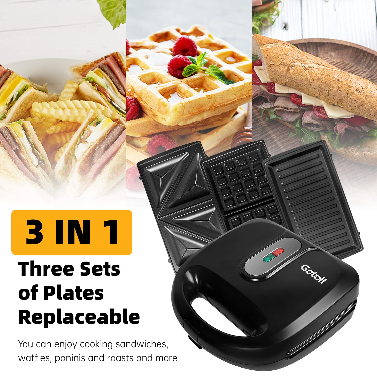Gotoll 3-in-1 Sandwich Maker, 750W Non-Stick Waffle Iron & Panini Press - Perfect for Breakfast, Snacks, and Quick Meals at Home or Office