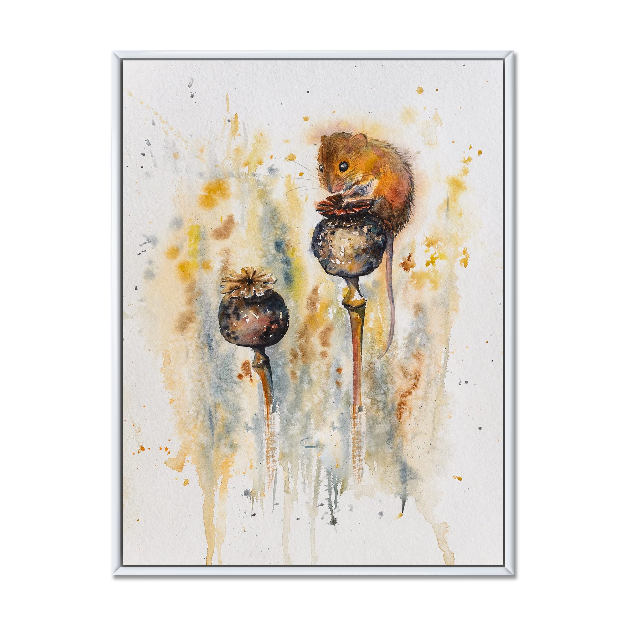 Mouse Sitting on Poppies - Traditional Framed Canvas Wall Art Print for Home Decor, Living Room, Bedroom & Office