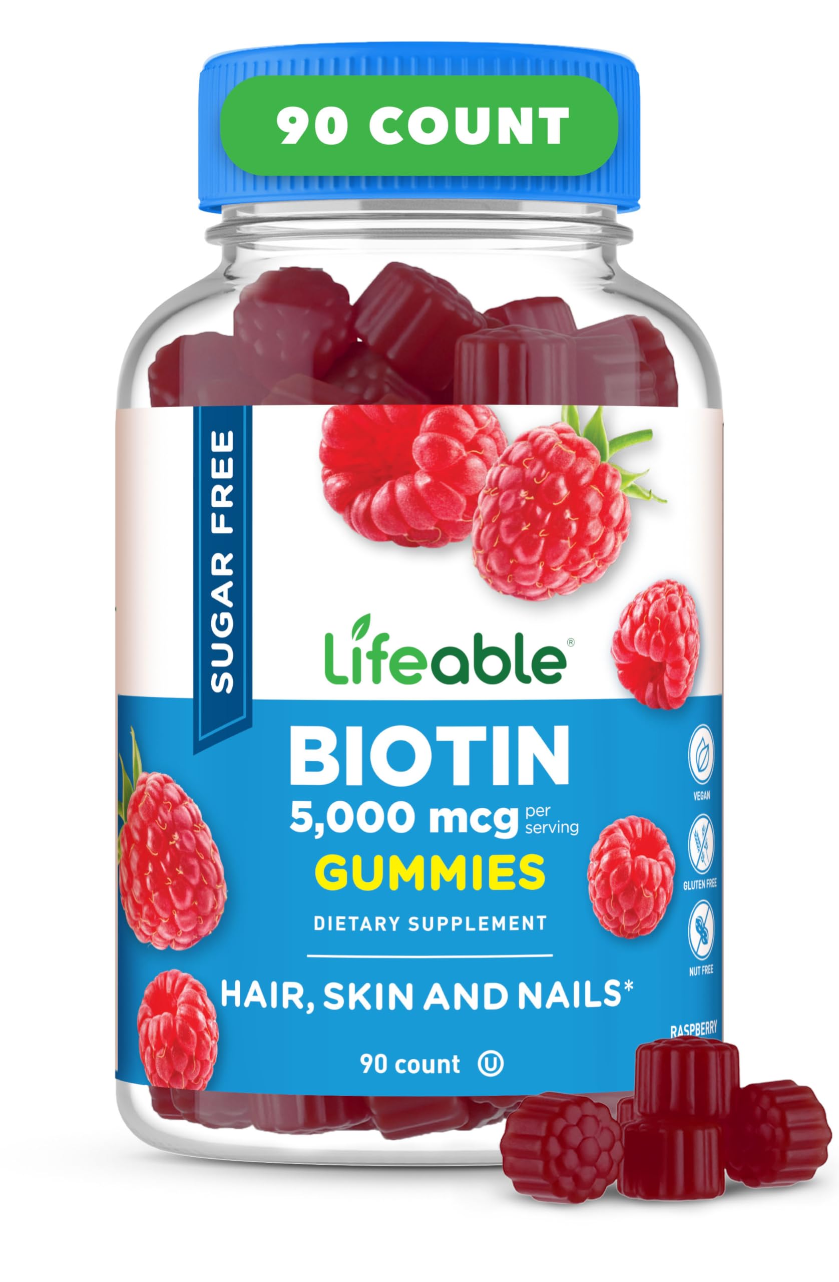 Lifeable Sugar Free Biotin Gummies 5000mcg - Vitamin B7 Supplement for Hair Growth, Skin & Nail Health - Delicious Biotin Gummies for Women & Men - 90 Count | Perfect for Daily Hair Care Routine & Healthy Nail Maintenance