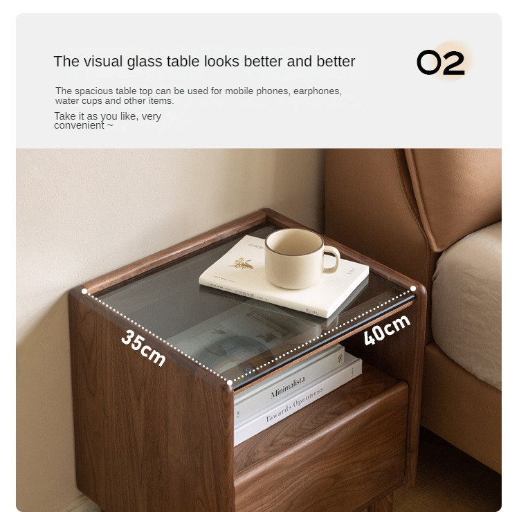 Premium Black Walnut Solid Wood Nightstand with Tempered Glass Top - Modern Bedside Table for Bedroom, Living Room, or Office Use