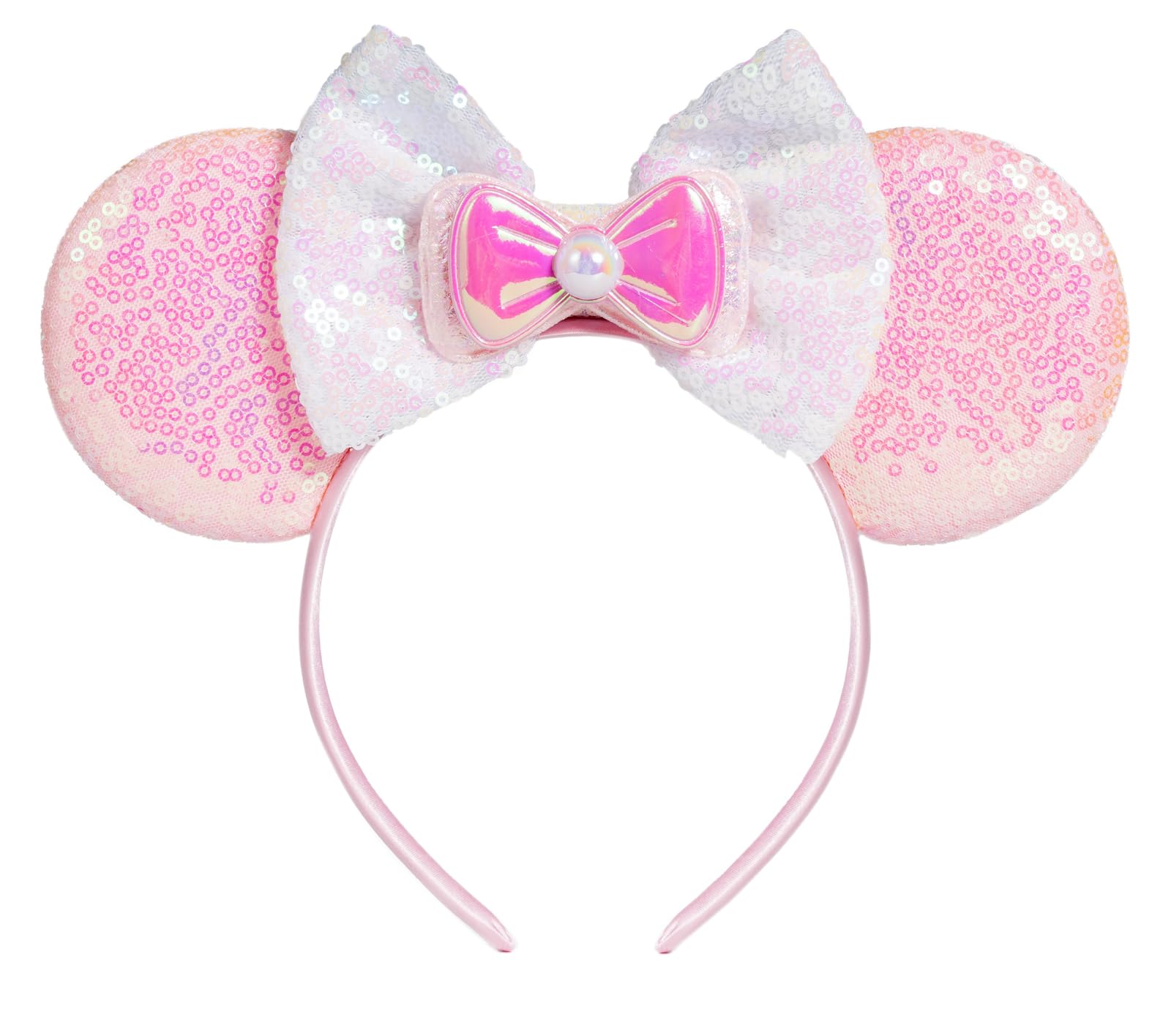 Pink Mouse Ears Headbands with Shiny Bows & Sequins for Girls and Women - Disney Costume Accessories, Cosplay, Birthday Party, Halloween, Theme Park Visits (FG-FB)