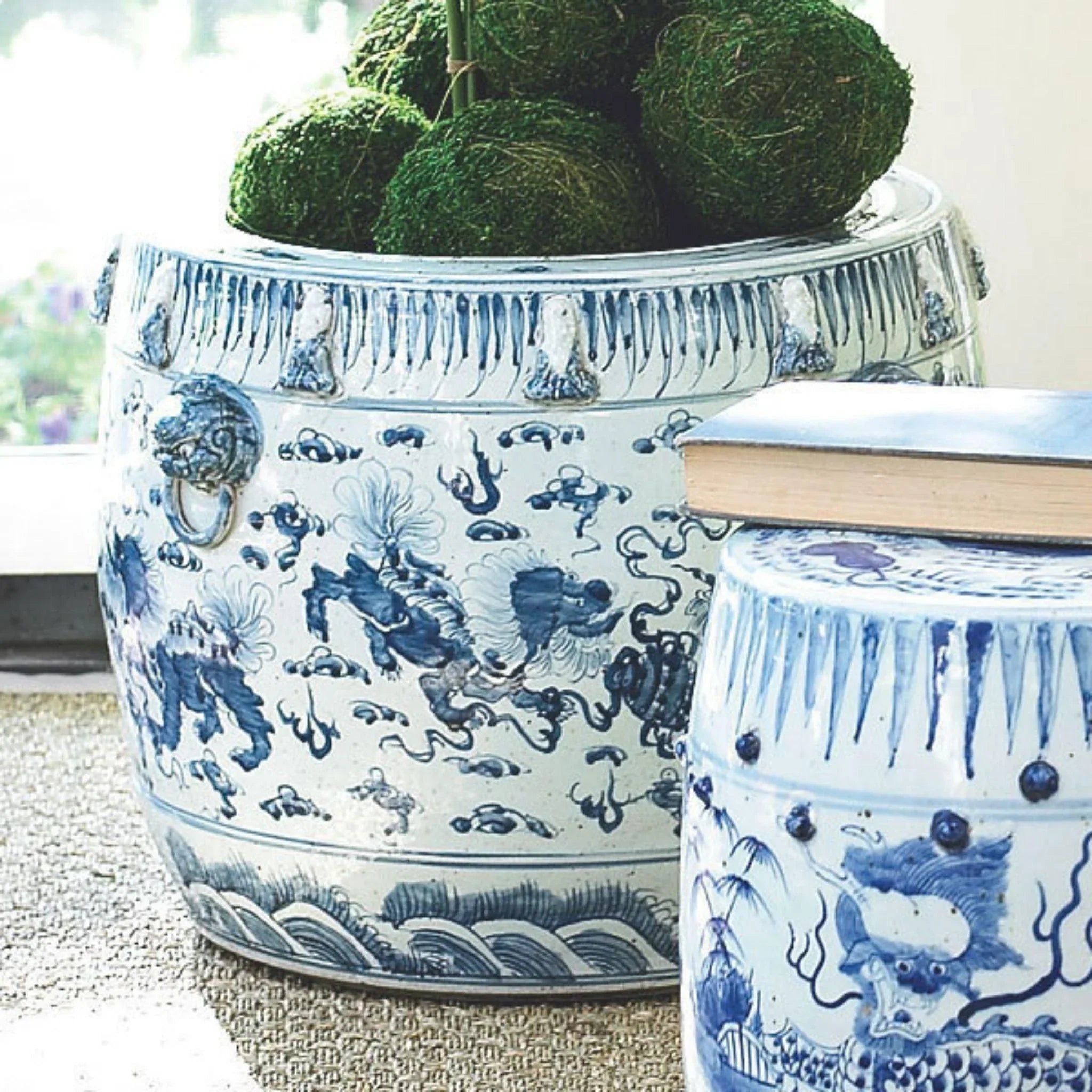 Blue and White Lion Drum Shaped Porcelain Planter - Handcrafted Ceramic Flower Pot for Home Decor, Office & Garden | Perfect for Succulents, Plants & Indoor Greenery