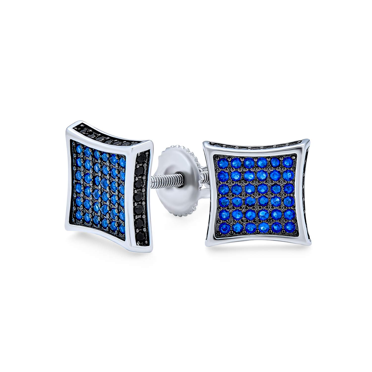 Square CZ Micro Pave Cubic Zirconia Stud Earrings for Men & Women - Black, Blue & White Kite Design - 9MM Screwback Sterling Silver - Perfect for Gifts, Parties & Everyday Wear