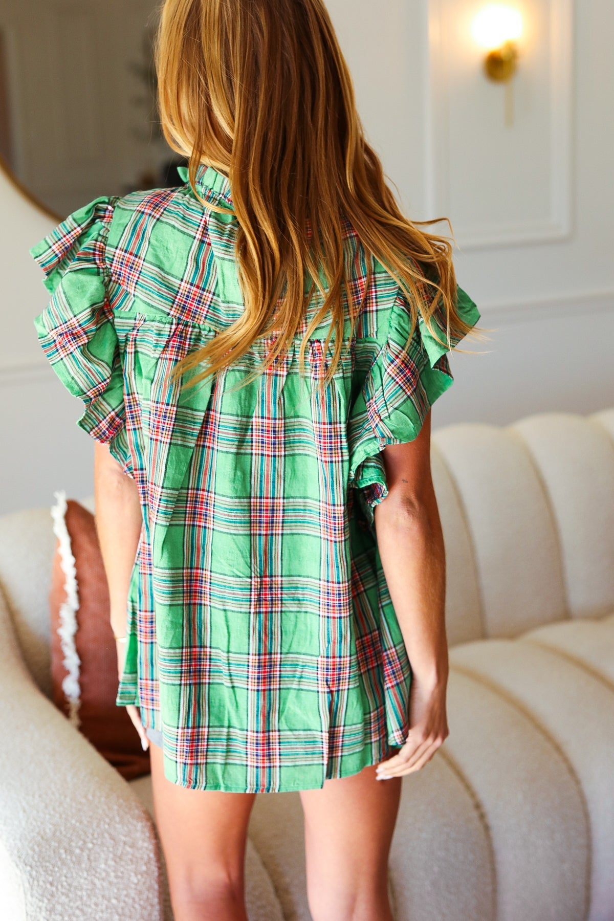 Stylish Haptics Green Plaid Shirred Yoke Flutter Sleeve Top for Women | Trendy Casual Blouse for Spring & Summer Outfits | Perfect for Dates, Office Wear & Weekend Brunch