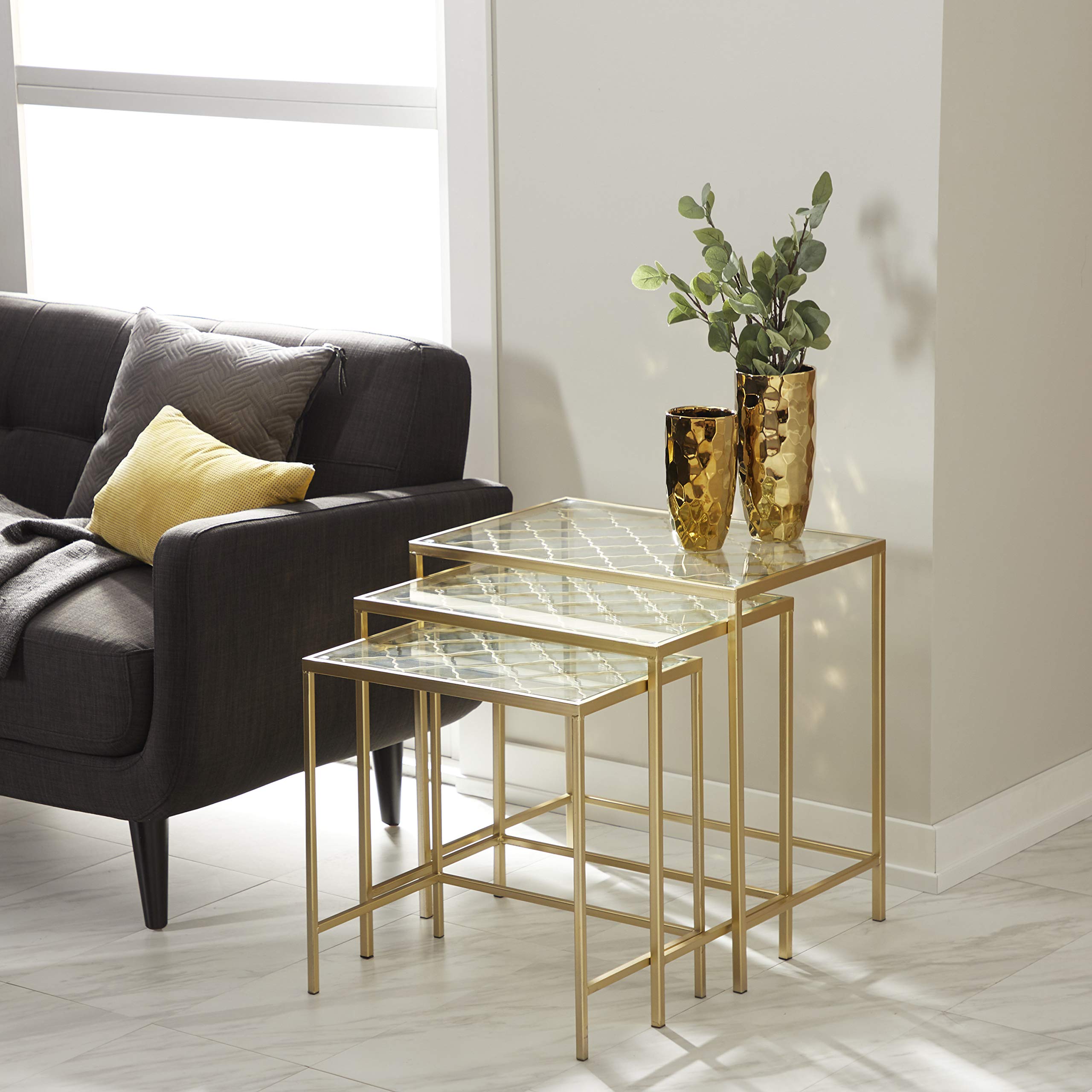 Deco 79 Modern Gold Metal Side End Tables with Clear Glass Top - Set of 3 Accent Tables (24