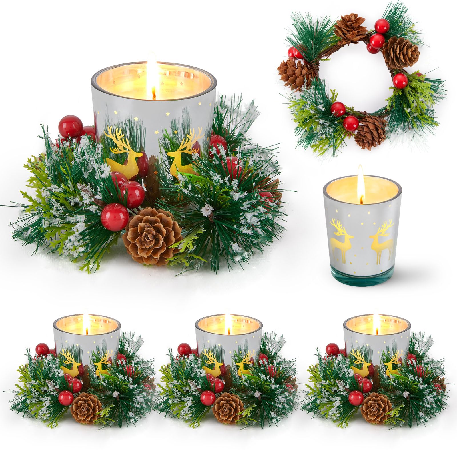 Christmas Candle Holders Rings Wreath Set - 4 Piece Red Berry Pinecone Elk Glass Candle Rings for Holiday Table Decor, Centerpiece, Fireplace Mantel & Christmas Party Decorations