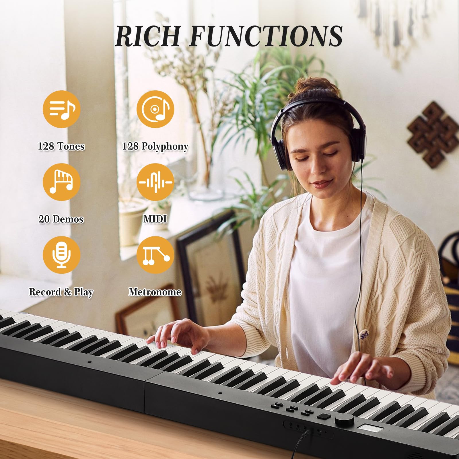 88-Key Portable Folding Digital Piano Keyboard - Semi-Weighted Keys with Bluetooth, USB MIDI & Sustain Pedal - Includes Headphones & Carrying Case - Perfect for Beginners, Kids & Traveling Musicians - Ideal for Home Practice, Music Lessons & On-the-Go Performances