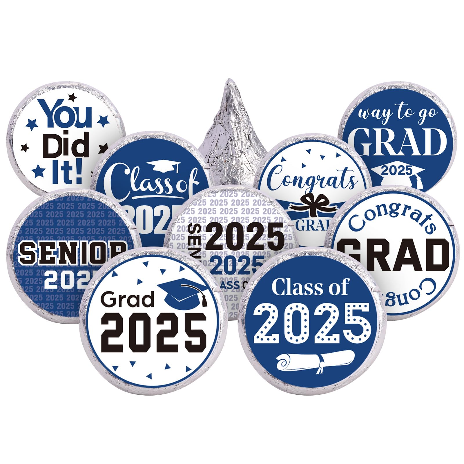 Chinco 504-Piece 2025 Graduation Stickers Set - Congrats Grad Senior Class of 2025 Party Supplies - Candy Labels & Chocolate Stickers for High School, College, Doctorate Graduation Celebrations (Blue) - Perfect for Graduation Party Decorations, Gift Wrapping & Dessert Toppers
