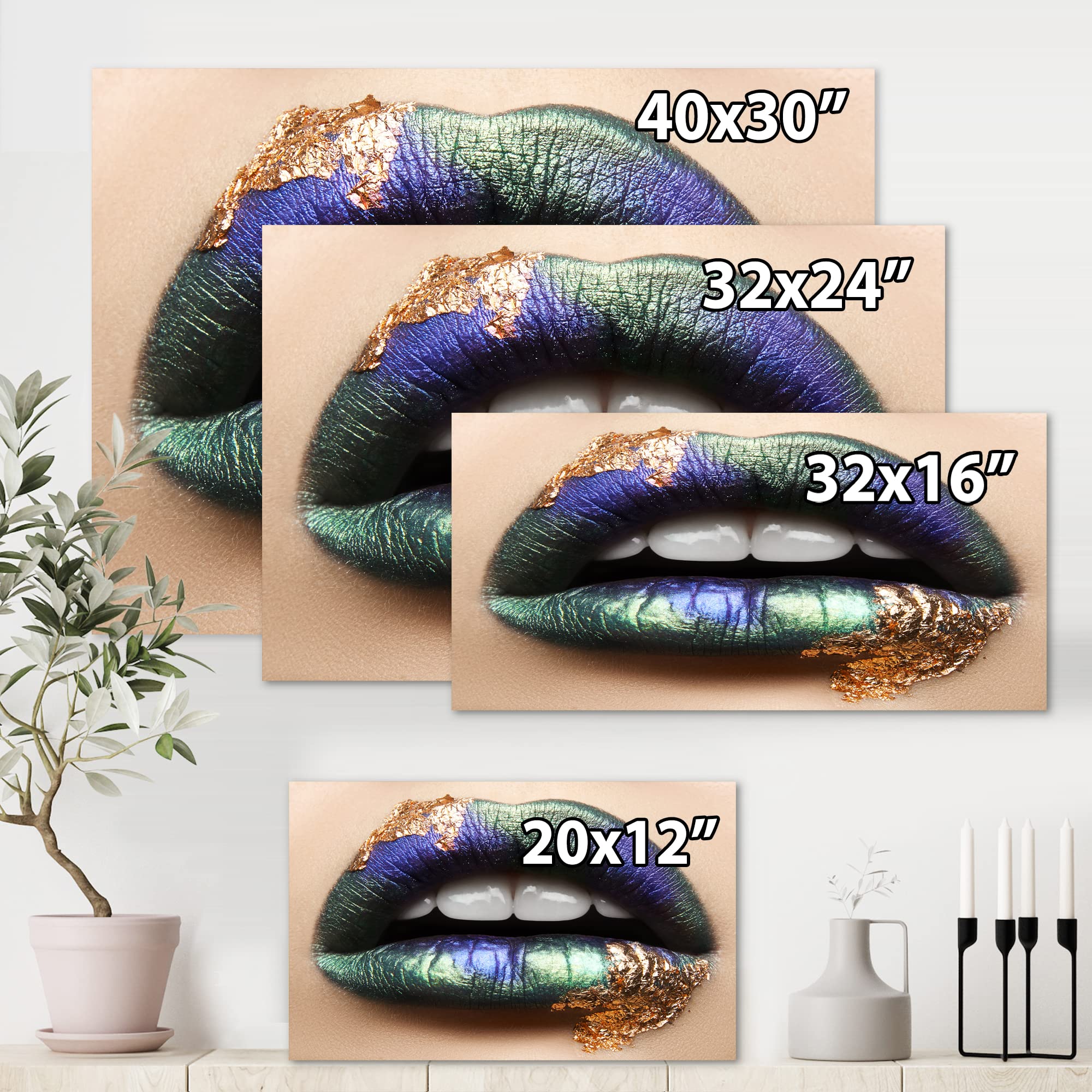 DesignQ Modern Canvas Wall Art - Green Lipstick & Teeth Female Lips Print, 32x24 Inches, Perfect for Living Room, Bedroom & Office Decor