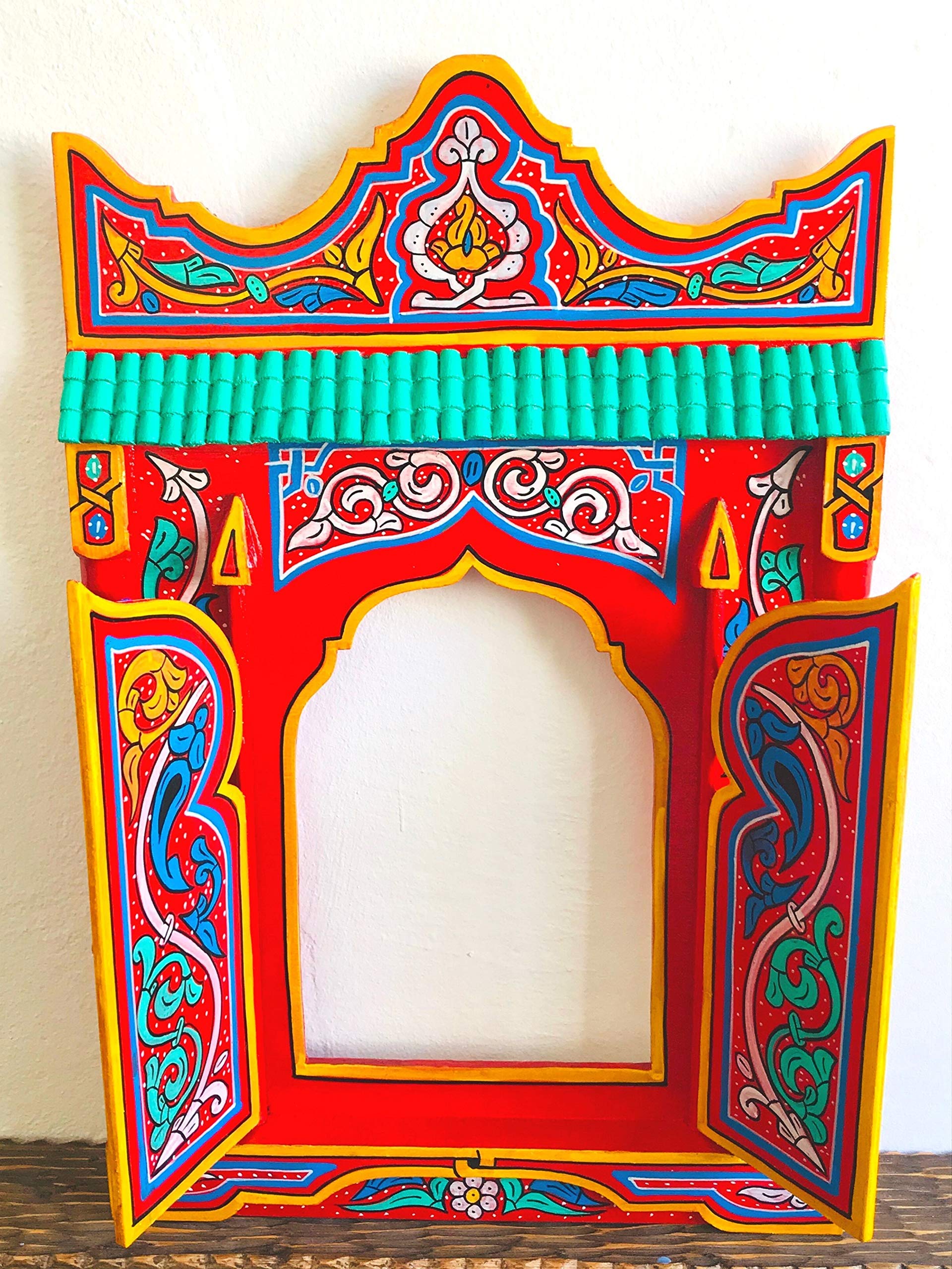 Hand Painted Moroccan Red Rustic Wooden Shelf & Hanging Mirror Frame - Farmhouse Wall Art Decor for Living Room, Bedroom, Entryway