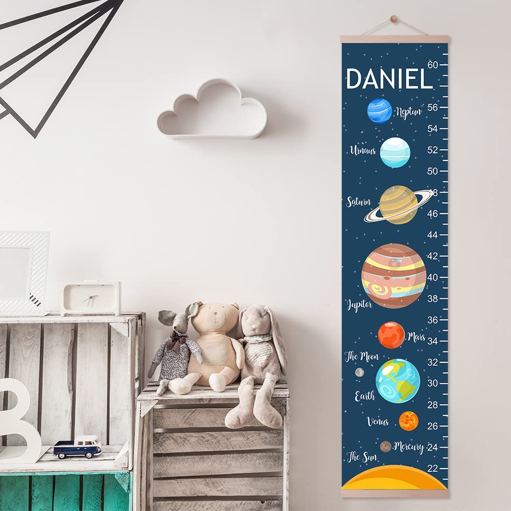 Personalized Kids Growth Chart Ruler - Custom Name Flower Dinosaur Theme Canvas Wall Height Measurement Tool for Nursery & Kids Room Decor - Solar Woodland Design for Baby Boy & Girl (Perfect for Birthday Gifts & Milestone Tracking)