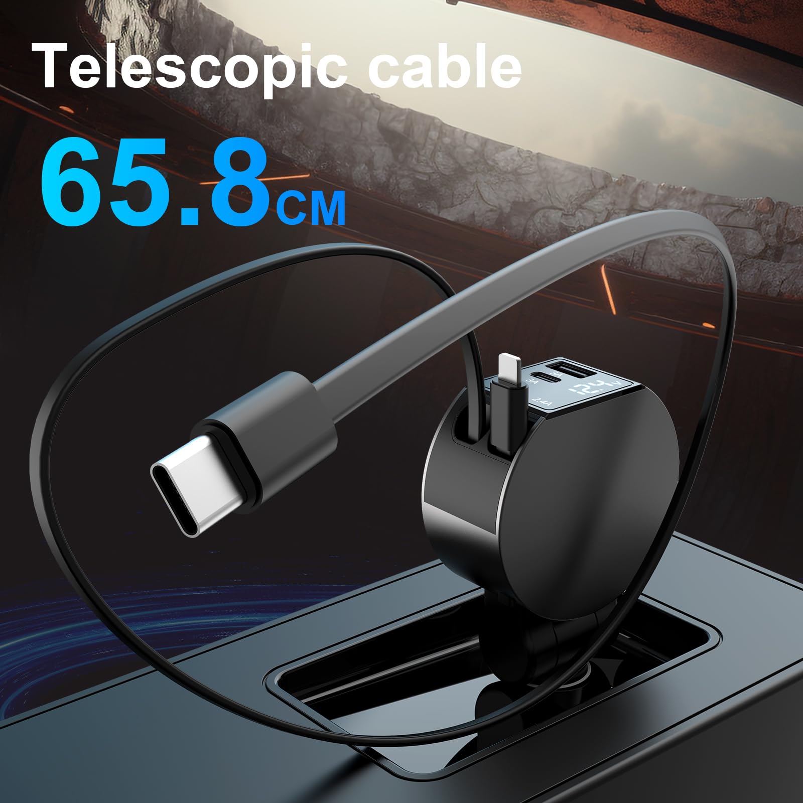 Leinsis 65W 4-in-1 Retractable Car Charger with USB-C & Lightning Ports - Fast Charging for iPhone 16/15/14/13/12/11, Galaxy, Pixel - Perfect for Road Trips & Daily Commutes