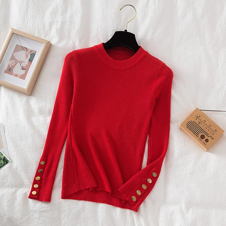 Thick Buttoned Long Sleeve O-Neck Sweater for Women - Cozy Winter Pullover for Casual Outfits & Office Wear