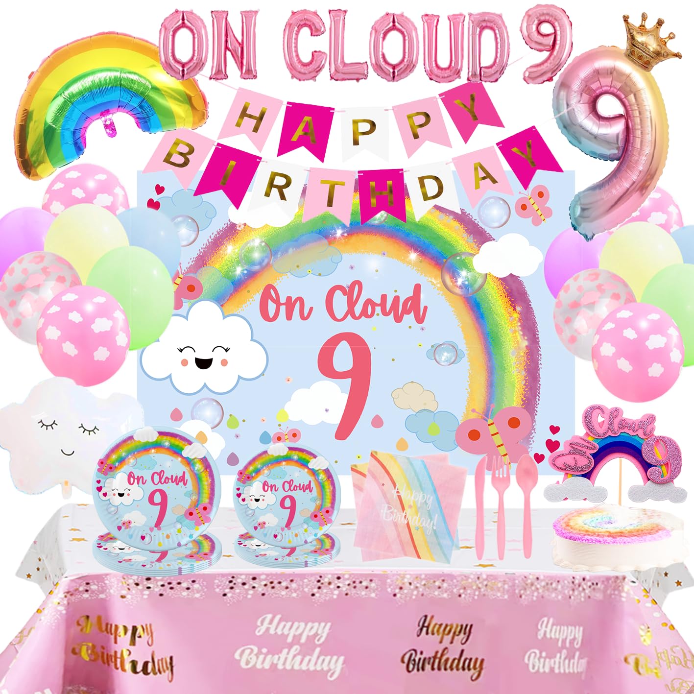 On Cloud 9 Birthday Party Decorations Set - Balloons, Cake Topper & Party Supplies for Baby Shower, Gender Reveal, 1st Birthday Celebration