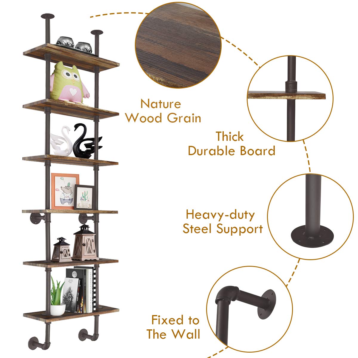 Giantex 6-Tier Industrial Pipe Shelf - Rustic Wood Wall Mounted Ladder Bookshelf for Living Room, Bedroom & Small Spaces | Easy to Install Farmhouse Decor for Apartments & Home Organization