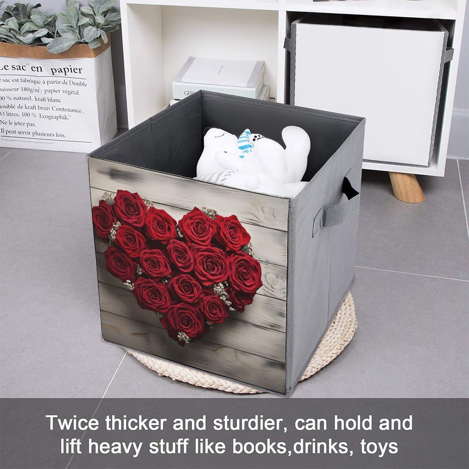 Red Heart-Shaped Roses Canvas Foldable Storage Box - Home & Clothing Organizer for Bedroom, Closet, Nursery, and Office Organization