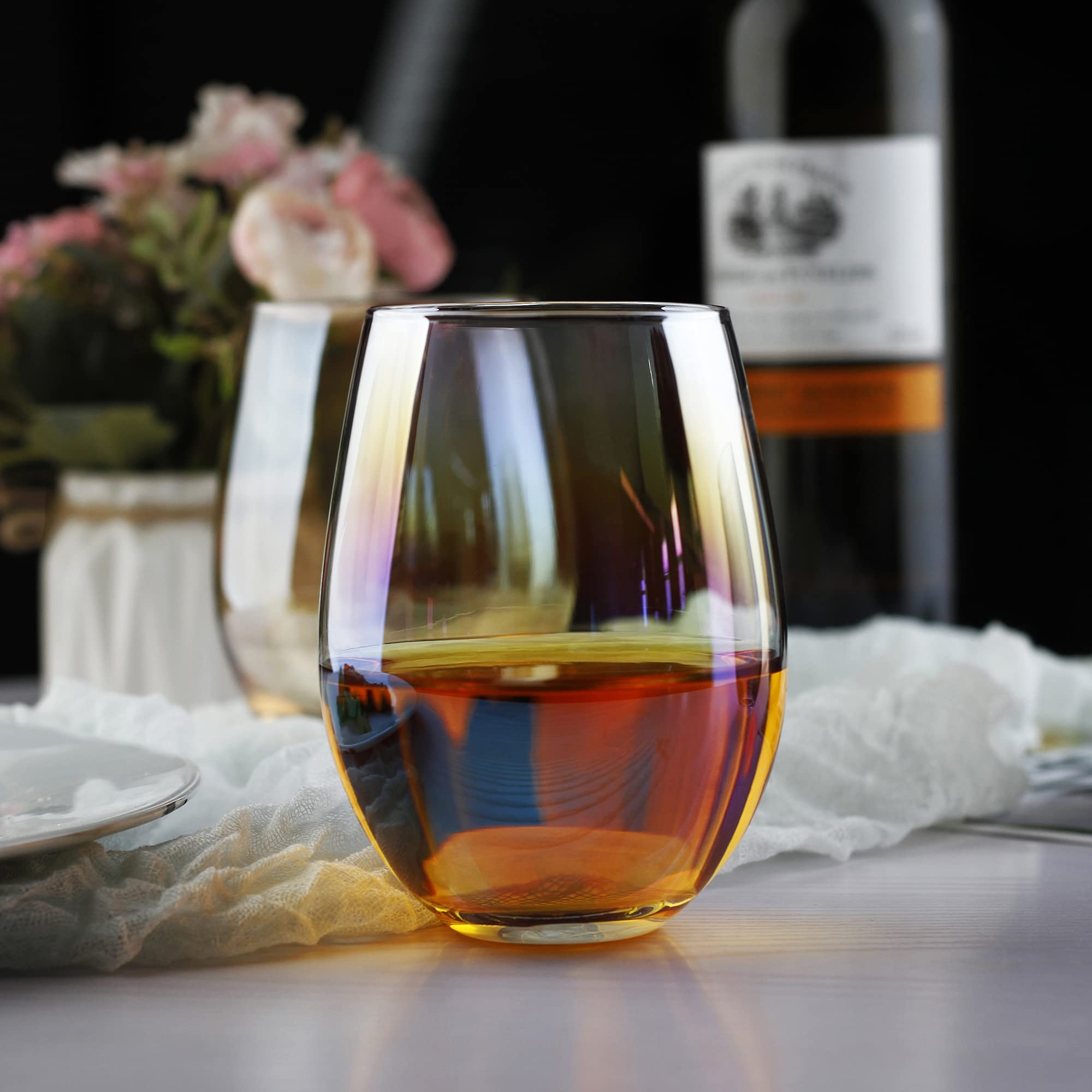 Rainbow Stemless Wine Glasses Set of 4 - 20oz Iridescent Drinking Cups for Red & White Wine, No Stem Tumblers, Elegant Beverage Glasses for Water, Juice, Cocktails - Perfect for Home, Bar, Parties, Weddings & Gift Giving