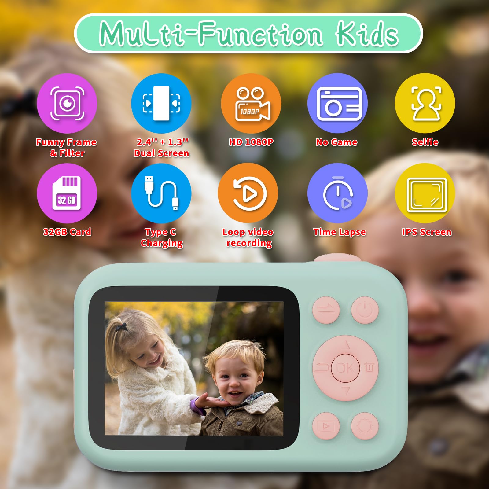 SJCAM Kids Camera with Dual Screen - 1080P HD 44MP Digital Video Camera for Children Ages 3-10, Perfect Christmas & Birthday Gift for Boys & Girls - Portable Toy Camera for Toddlers (Great for Travel, Parties & Outdoor Adventures)