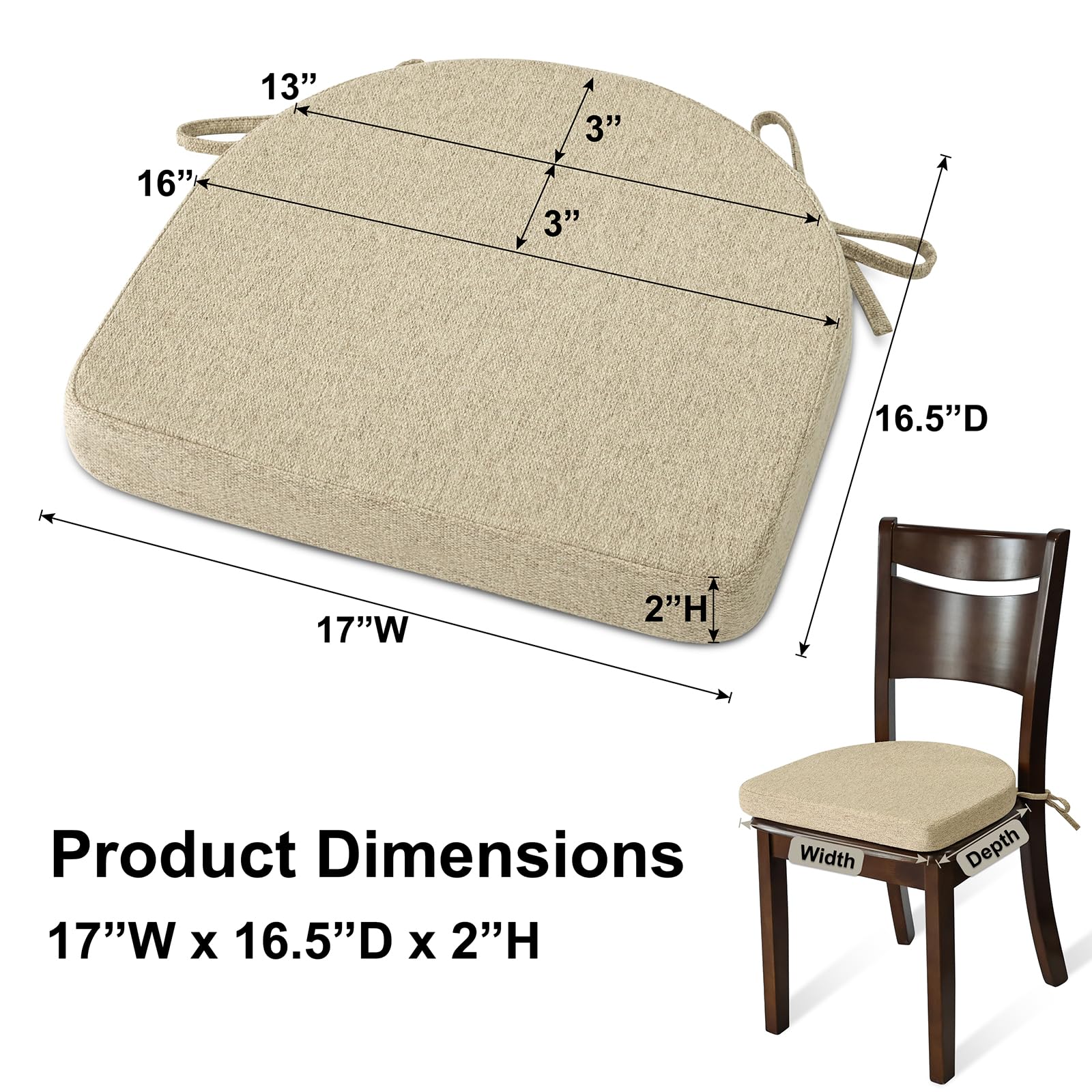 Premium Non-Slip Dining Chair Cushions with Ties - 17x16.5x2 Inch Machine Washable Kitchen Seat Pads - Natural Linen Fabric for Comfortable Dining & Home Decor