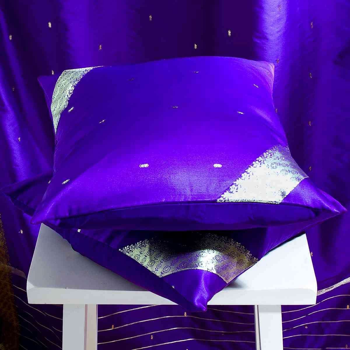 Regal Purple Handmade Sari Cushion Covers Set of 2 - Bohemian Indian Sari Throw Pillow Covers with Zipper Closure | 16x16 Inch Home Decor for Living Room, Bedroom & Sofa | Unique Boho Chic Gift Idea