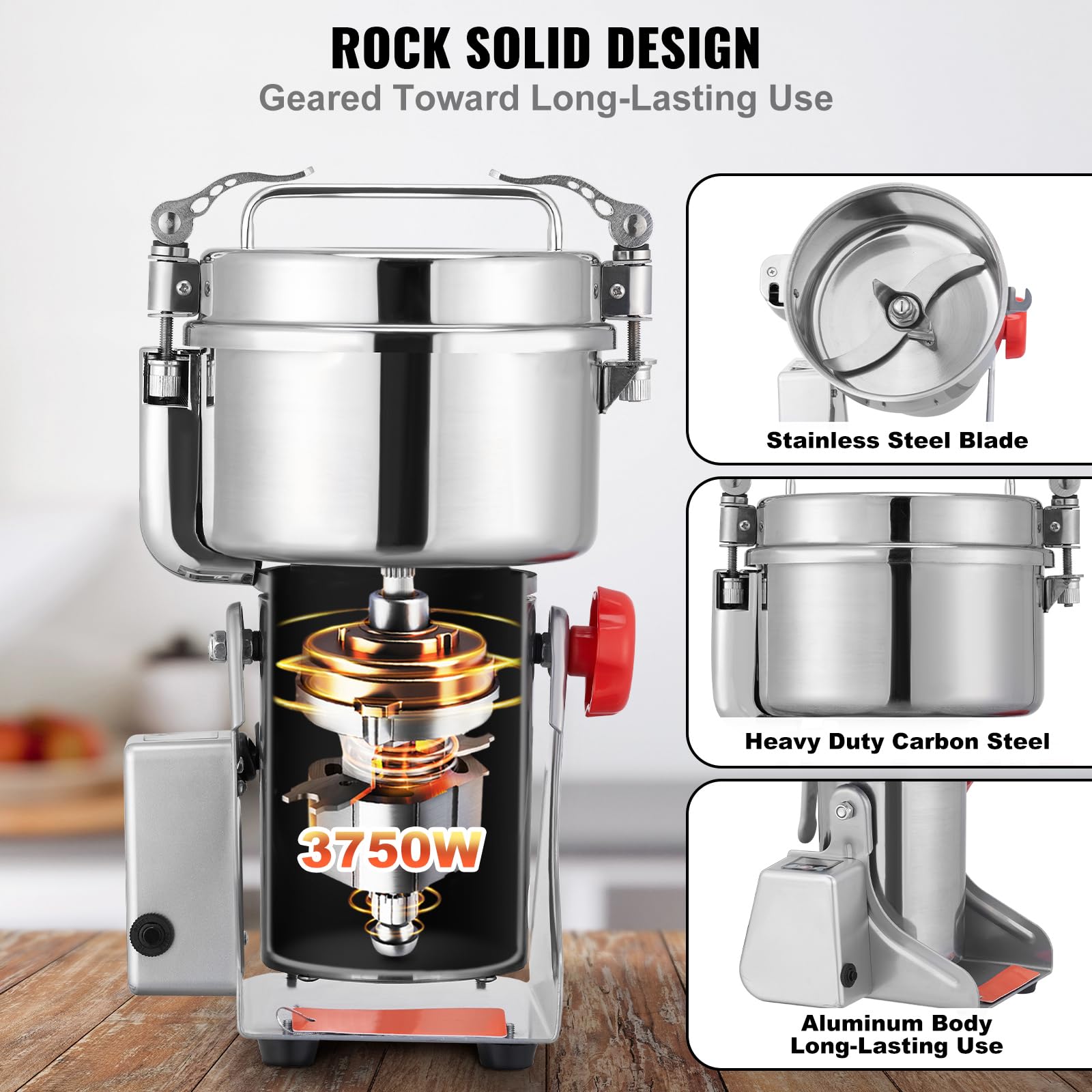 VEVOR 2500g Commercial Electric Grain Grinder - 3750W High-Speed Stainless Steel Mill for Coffee, Corn, Pepper & Dry Grains - Perfect for Bakeries, Restaurants & Home Kitchens