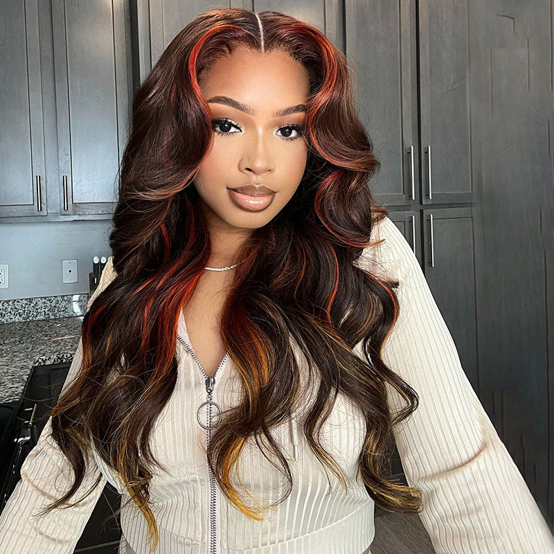 Eullair Brown & Orange Yellow Mixed Human Hair Lace Front Wig - Body Wave Glueless Wig for Women (EW009) | Perfect for Cosplay, Parties & Daily Wear