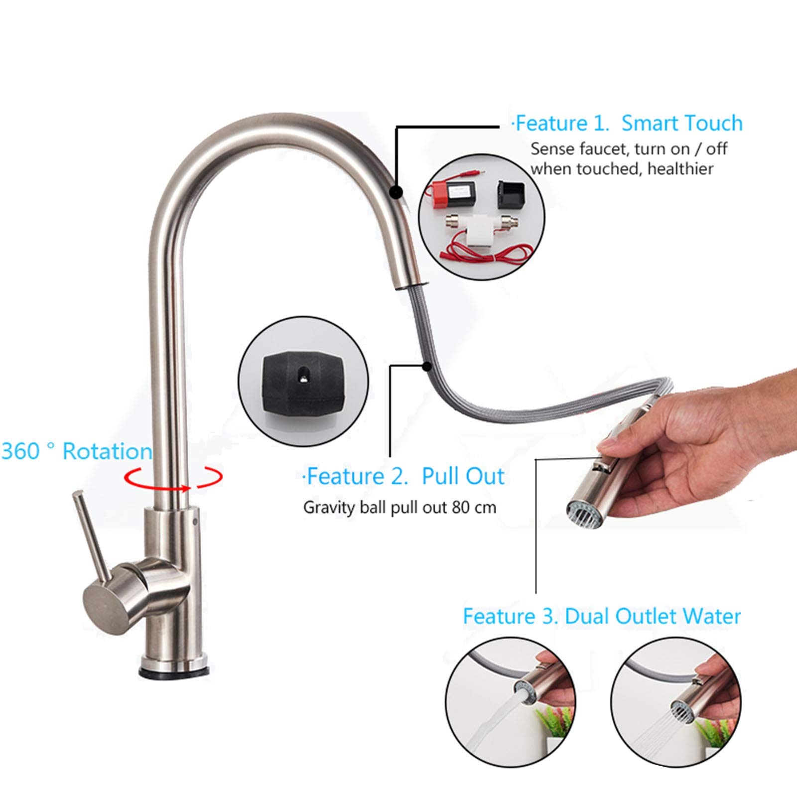 Touchless Kitchen Faucet with Pull Down Sprayer - Stainless Steel Single Handle Sink Faucet, Brushed Nickel Finish - Ideal for Modern Kitchens, Easy Cleaning & Hands-Free Operation
