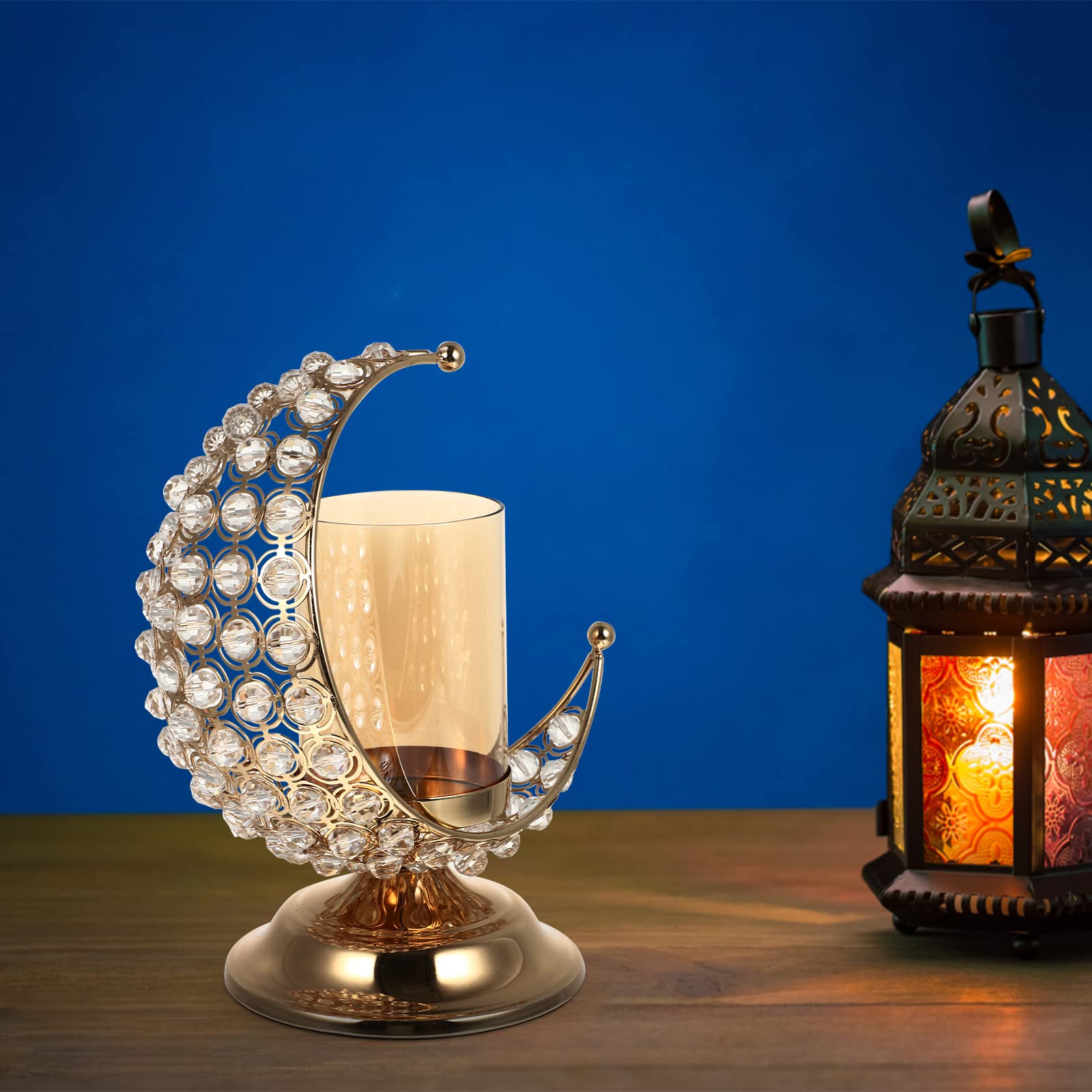 VALICLUD Ramadan Candle Holder - Crescent Moon Shaped Glass Crystal Tea Light Stand for Home Decor, Restaurant Table Centerpiece | Perfect for Ramadan, Eid, Wedding, Romantic Dinner & Holiday Decorations
