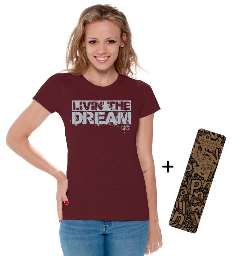 Awkwardstyles Women's Livin' The Dream Graphic T-Shirt - Soft Cotton Gray Slogan Tee with Free Bookmark | Casual Outfit, Lounge Wear, Gift Idea