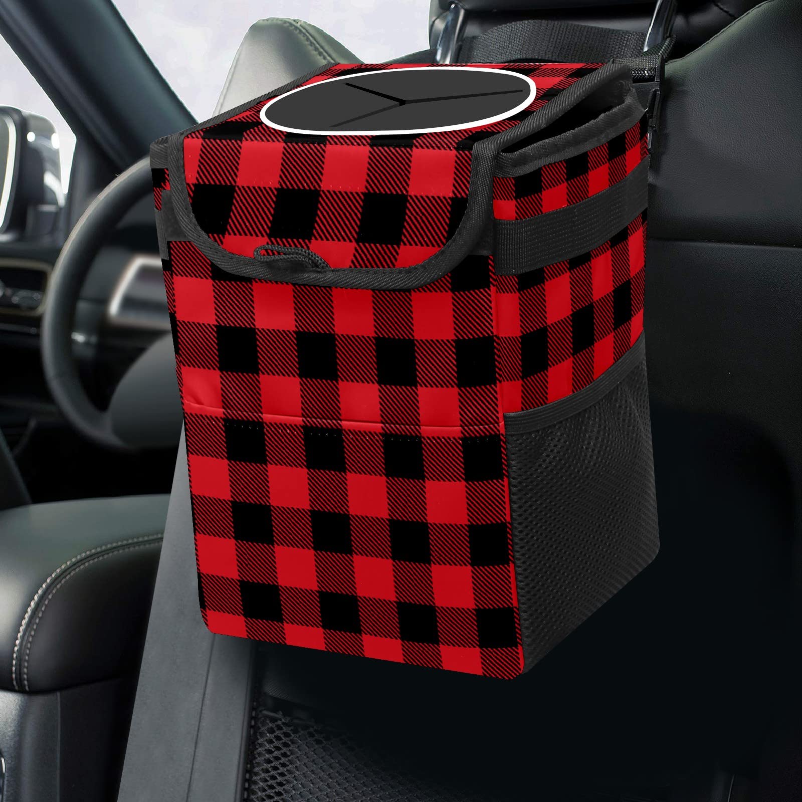 Red and Black Buffalo Plaid Collapsible Car Trash Can with Lid - Waterproof Reusable Automotive Garbage Bag for Car, Truck & SUV Interior Organization | Perfect for Road Trips, Commuting & Keeping Your Vehicle Clean