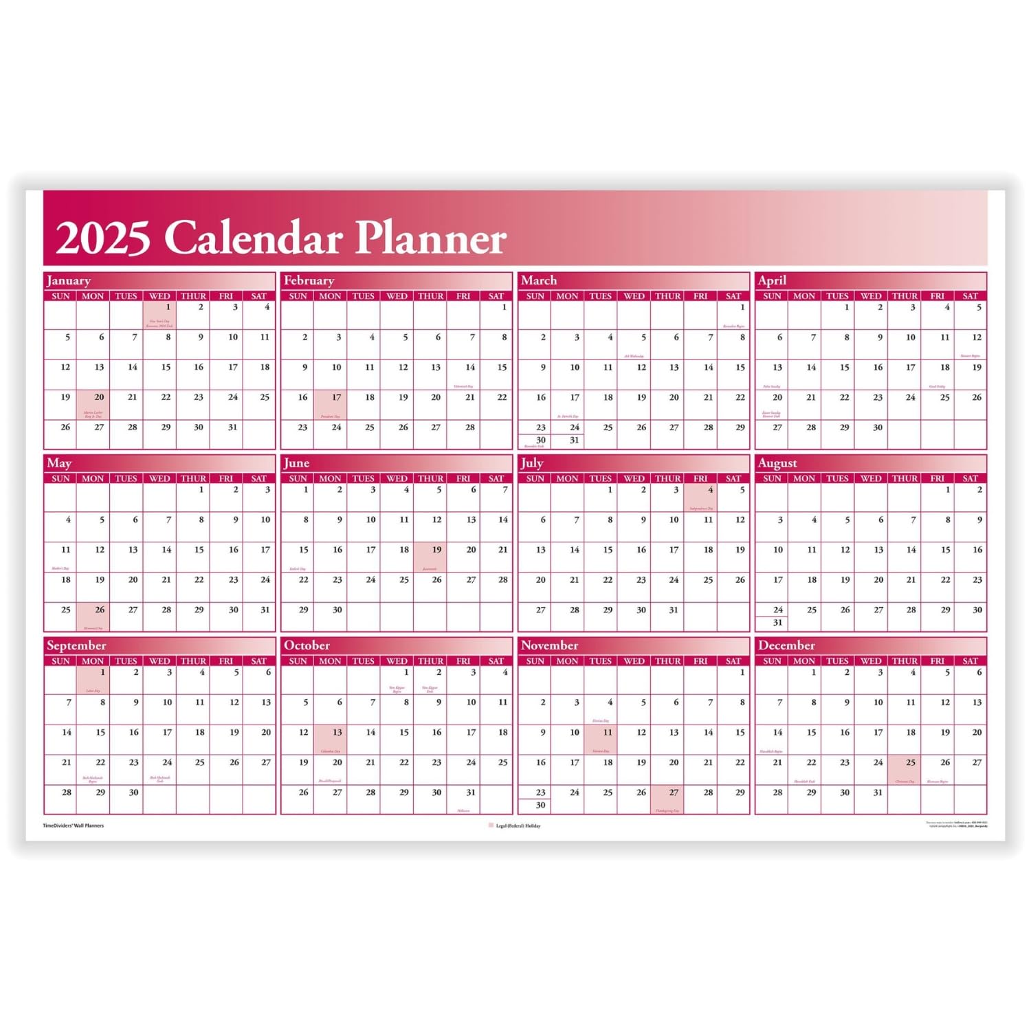 2025 Full Year Wall Calendar Planner - 2-Sided Large 36