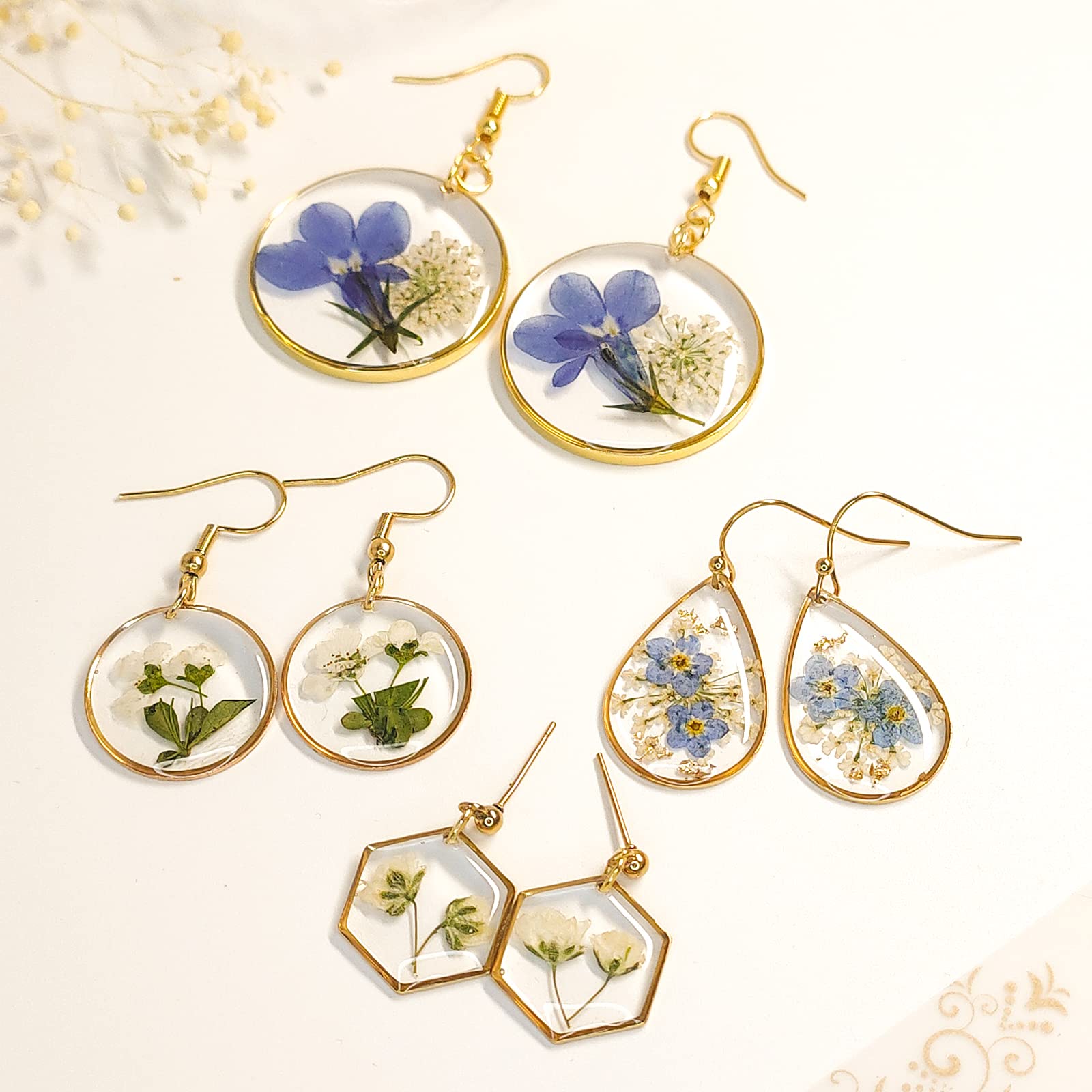 Handmade Pressed Flower Earrings for Women - Unique Baby's Breath Floral Studs with Gold Accents, Resin Drop Dangle Earrings, Symbol of Love & Innocence - Perfect Gift for Her, Bridesmaids, Mother's Day & Everyday Boho Chic Outfits