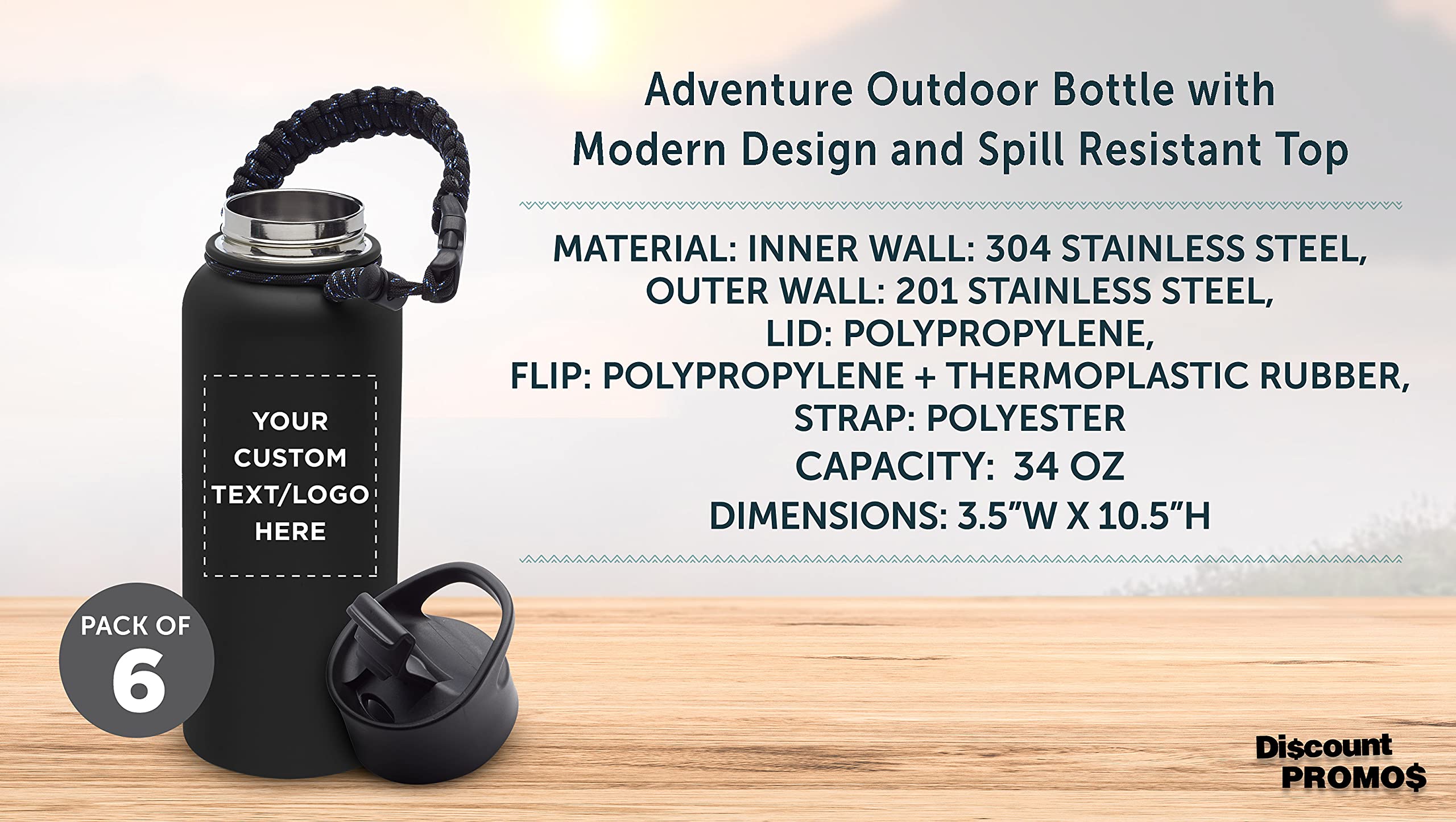 6 Pack Vulcan Stainless Steel Water Bottles 34oz with Strap - Double Wall Vacuum Insulated, Custom Text & Logo - Black - Perfect for Gym, Hiking, Camping & Outdoor Activities