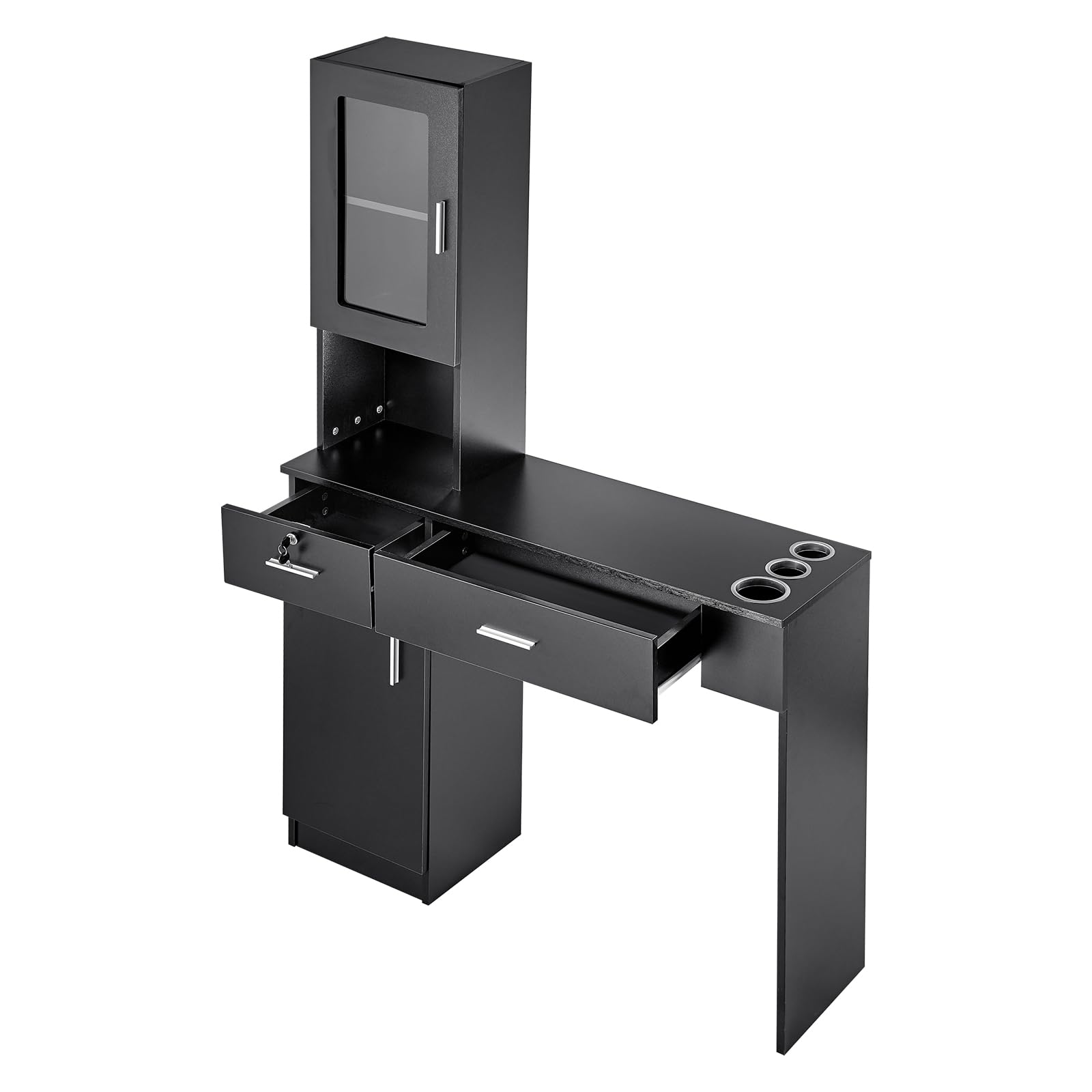 VEVOR Wall Mount Salon Station for Hair Stylists & Barbers - Black Beauty Spa Furniture with Storage Cabinet, 3 Cubbies & 2 Drawers (1 Lockable) - Perfect for Home Salons, Barber Shops & Professional Styling Stations