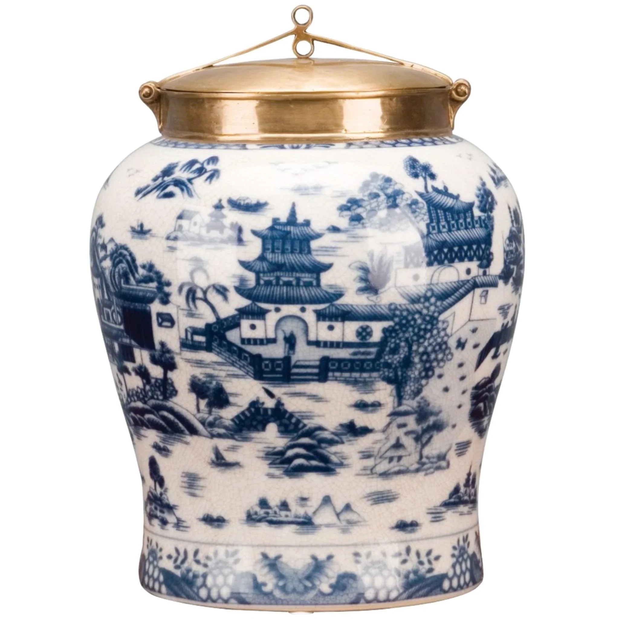 Antique Blue and White Porcelain Jar with Bronze Lid - Vintage Chinese Ceramic Vase for Home Decor, Wedding Centerpiece & Luxury Gift