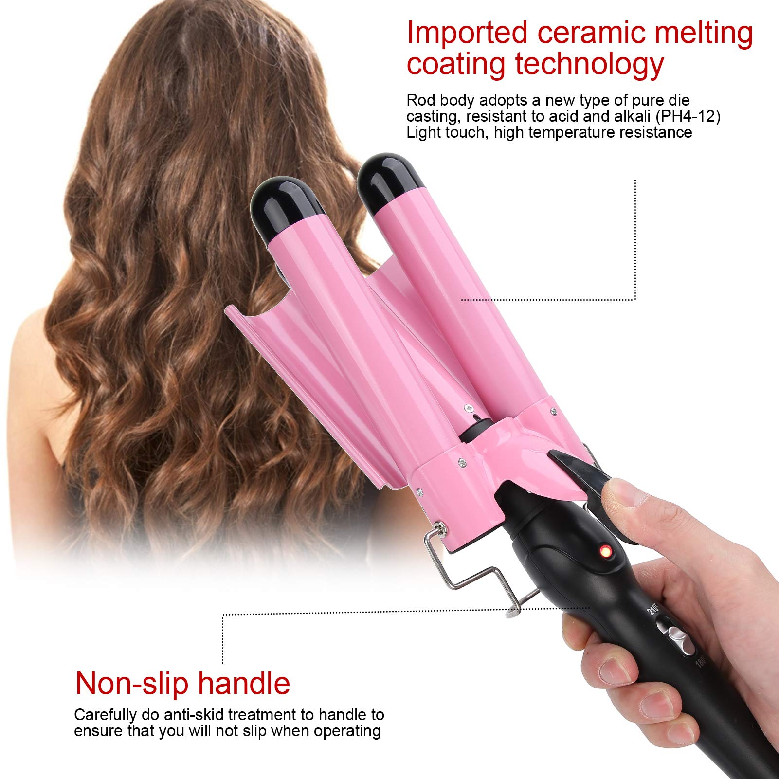 3 Barrel Hair Crimper & Curling Iron - Fast Heating Electric Hair Waver Styling Tool (28mm) for Beach Waves & Party Hairstyles - Golden Hair Curler for Women & Girls