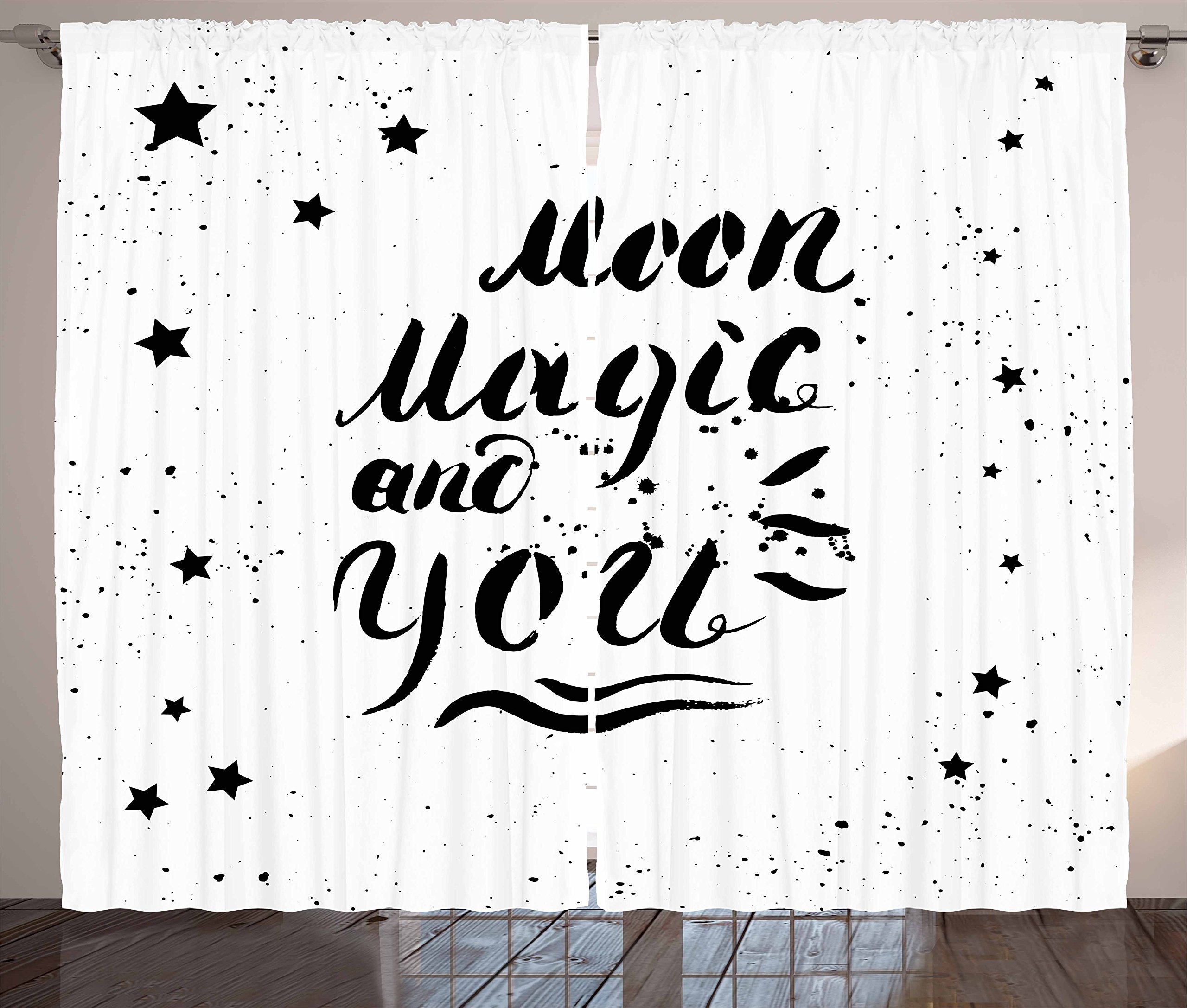Ambesonne Romantic Moon Magic Curtains - Modern Brush Pen Calligraphy with Stars, Black & White Window Drapes 2 Panel Set (108