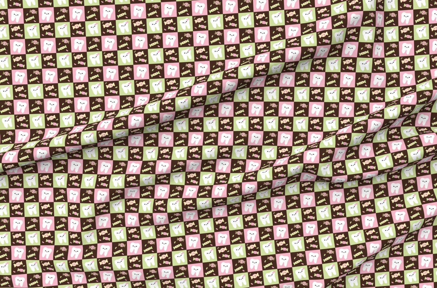 Happy Teeth Checkerboard Cotton Fabric - Brown Pink Light Green Dental Print for Sewing, Quilting & DIY Crafts | Tooth Fairy Design on Petal Signature Cotton | Perfect for Apparel, Home Decor & Gift Wrapping